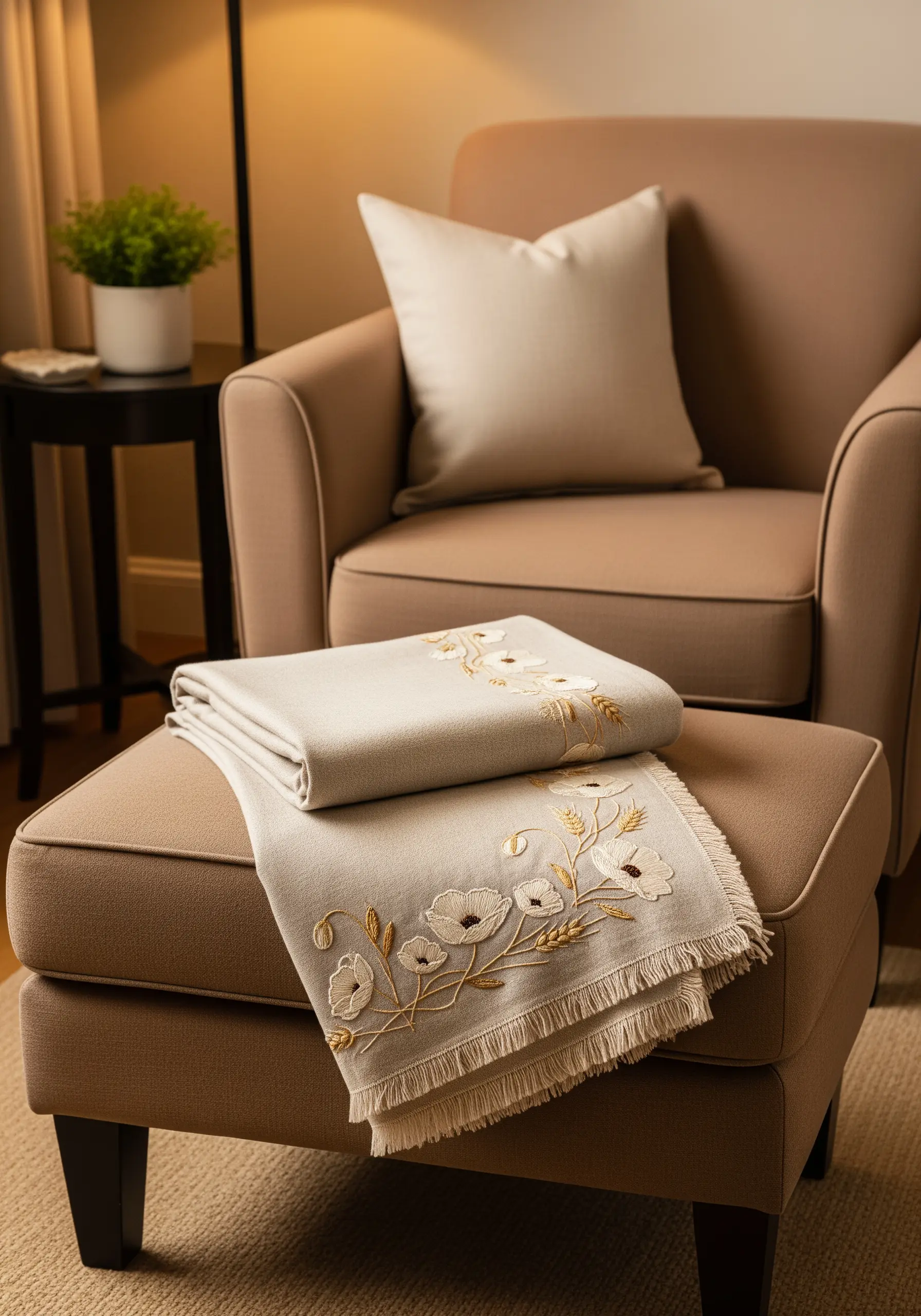 Embroidered poppies and wheat stalks on the fringed edge of a throw blanket.