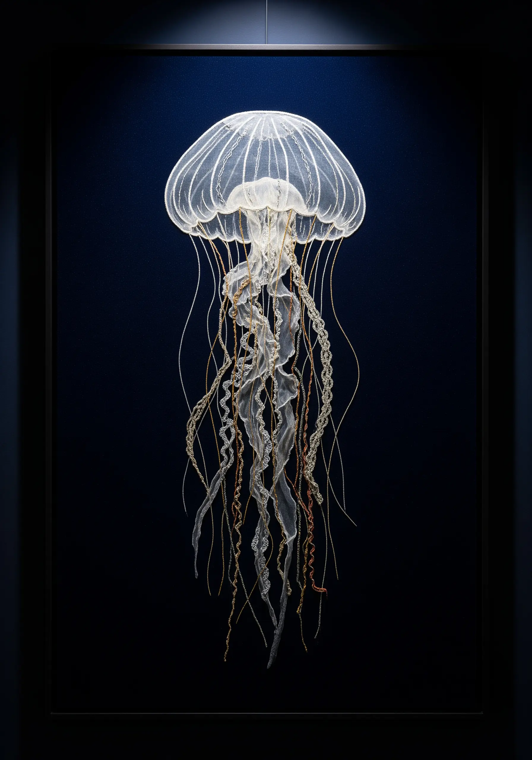 An ethereal jellyfish made from layered sheer organza and delicate, trailing threads.