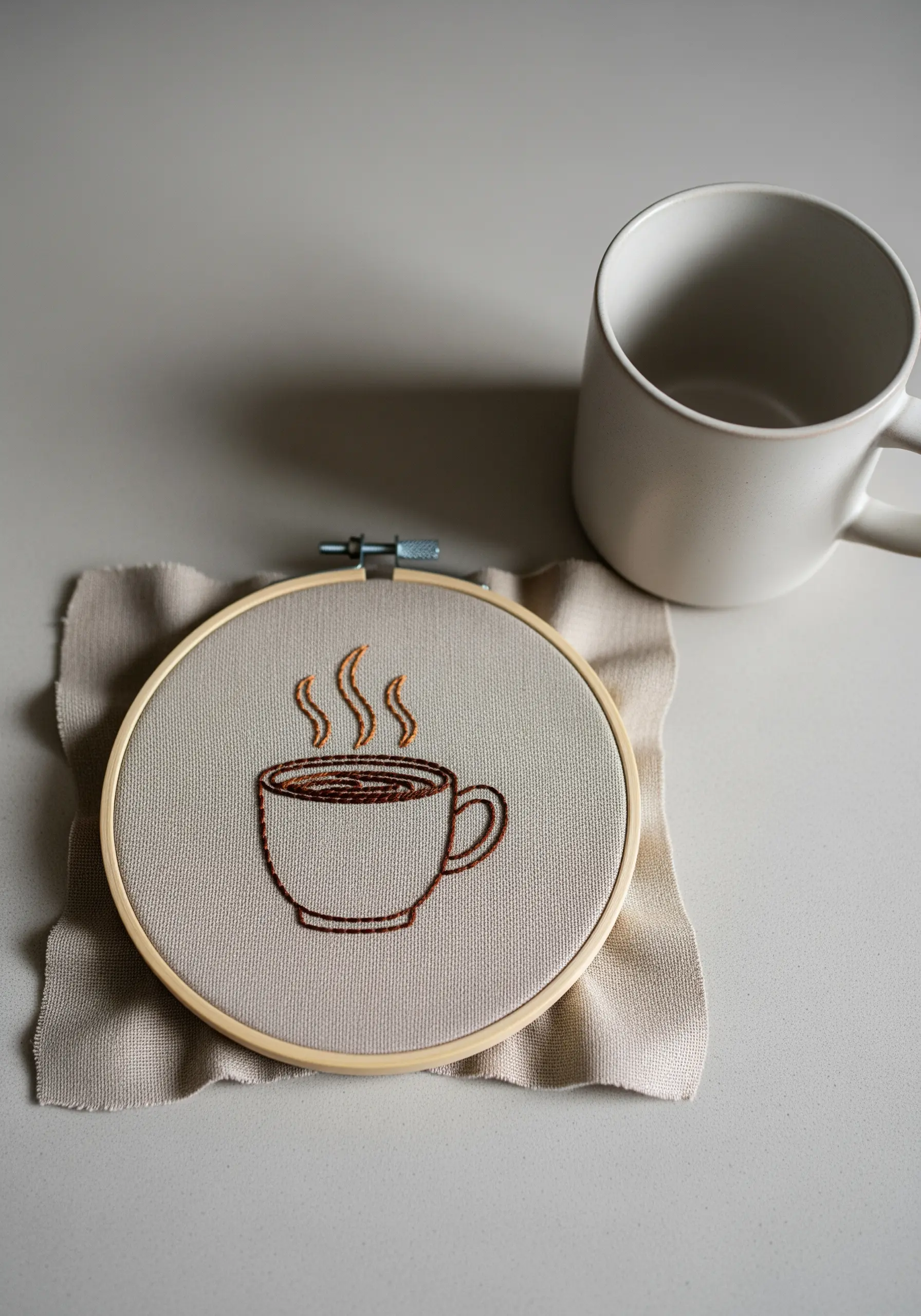 An embroidered coffee cup with gradient brown thread for the coffee and steam.