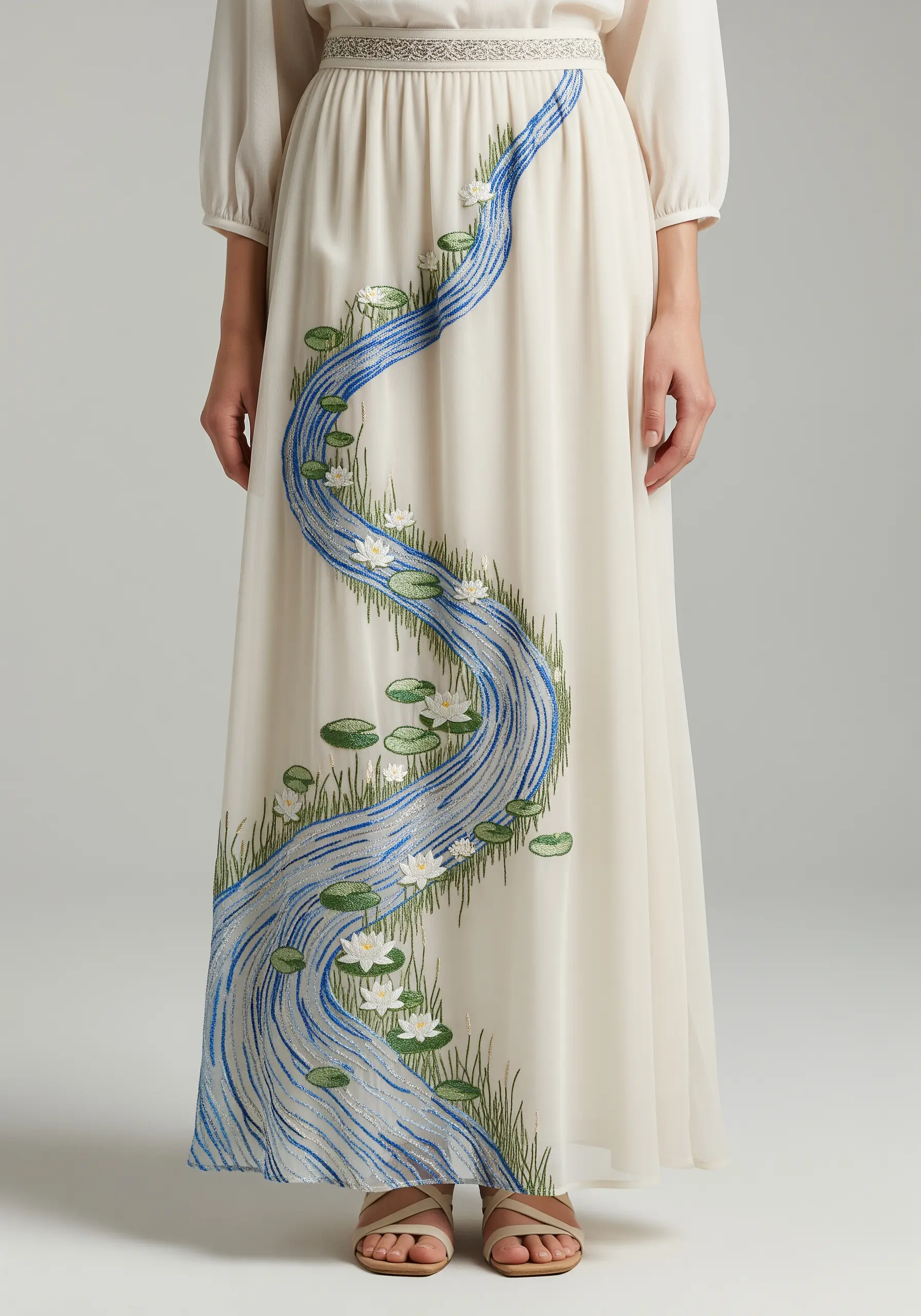 A flowing river with water lilies embroidered down the front of a long white skirt.