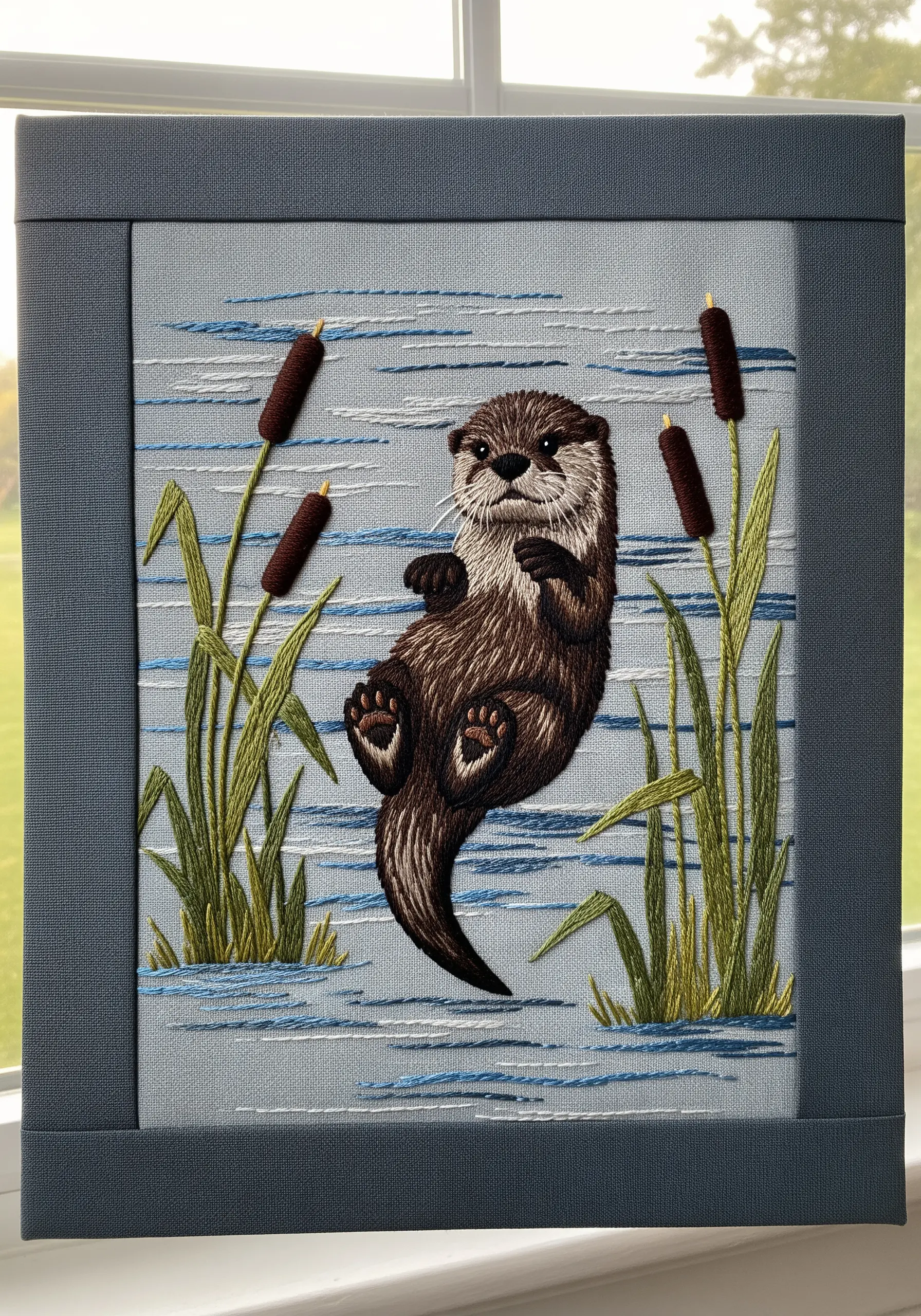 Floating otter embroidery with minimalist water suggested by seed stitches.