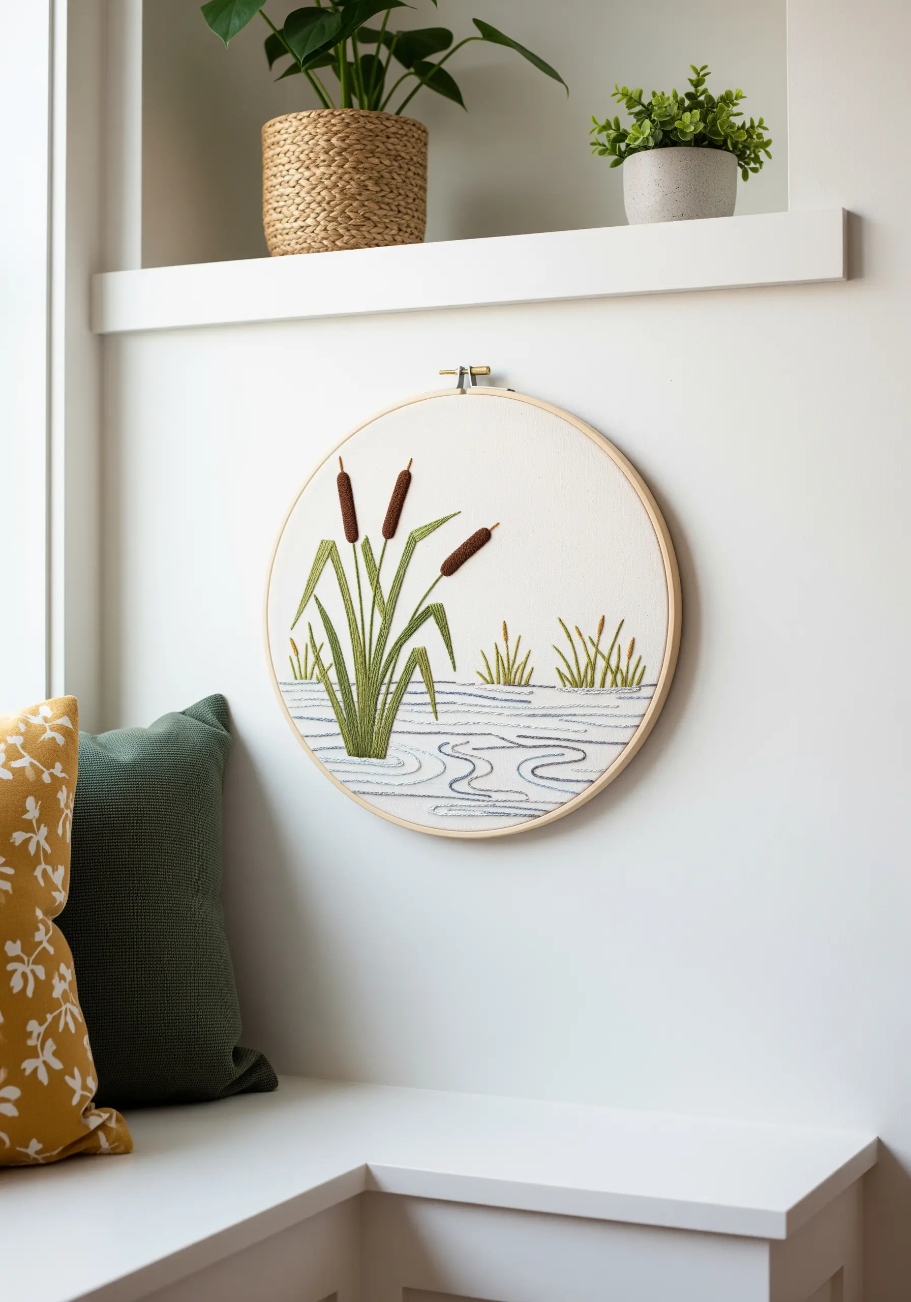 A simple embroidery hoop of cattails and reeds with minimalist blue lines indicating water
