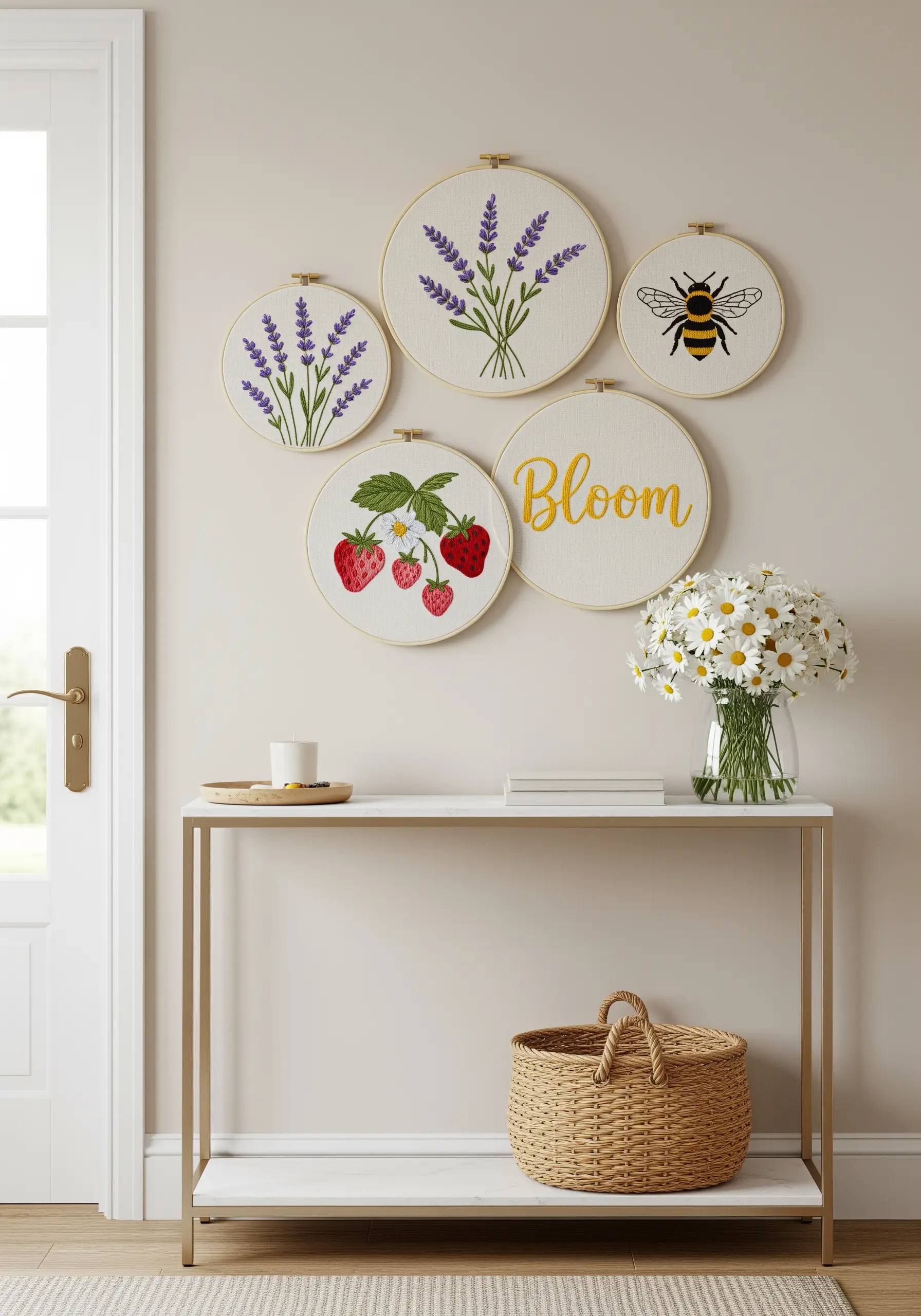 A summer-themed gallery of embroidery hoops with lavender, a bee, strawberries, and the word 'Bloom'.