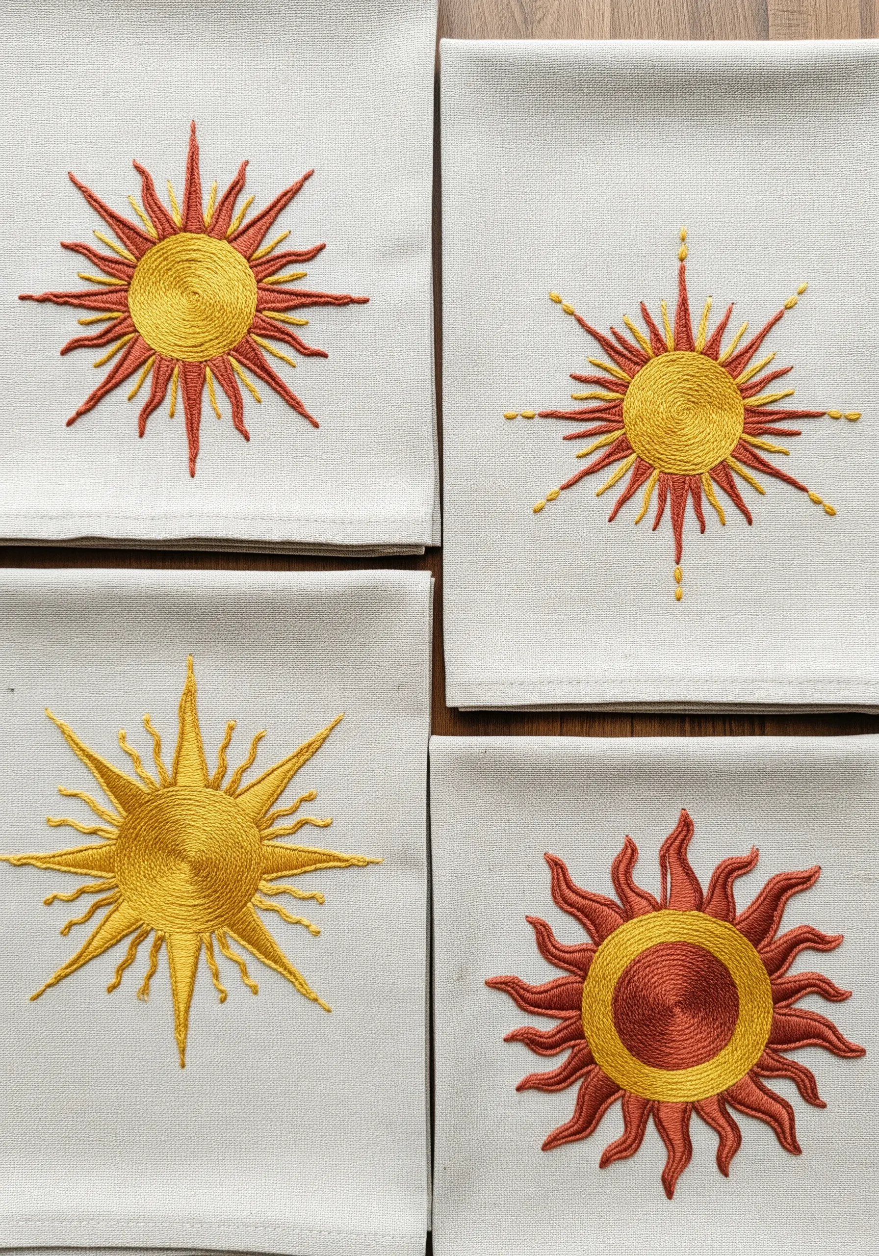 Four distinct sun motifs embroidered on linen napkins, each with a different texture.