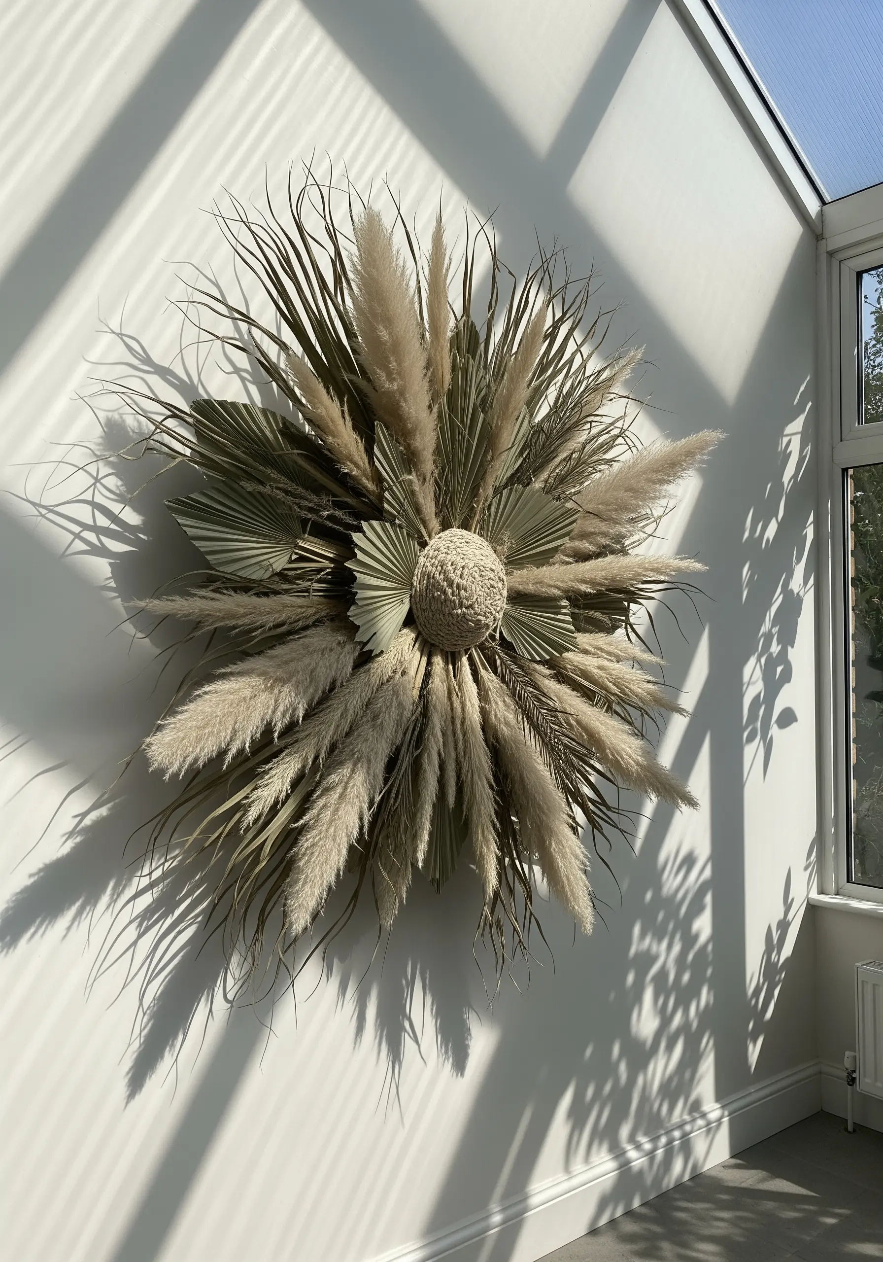 A large sunburst-shaped wall sculpture made from dried pampas grass and palm leaves.