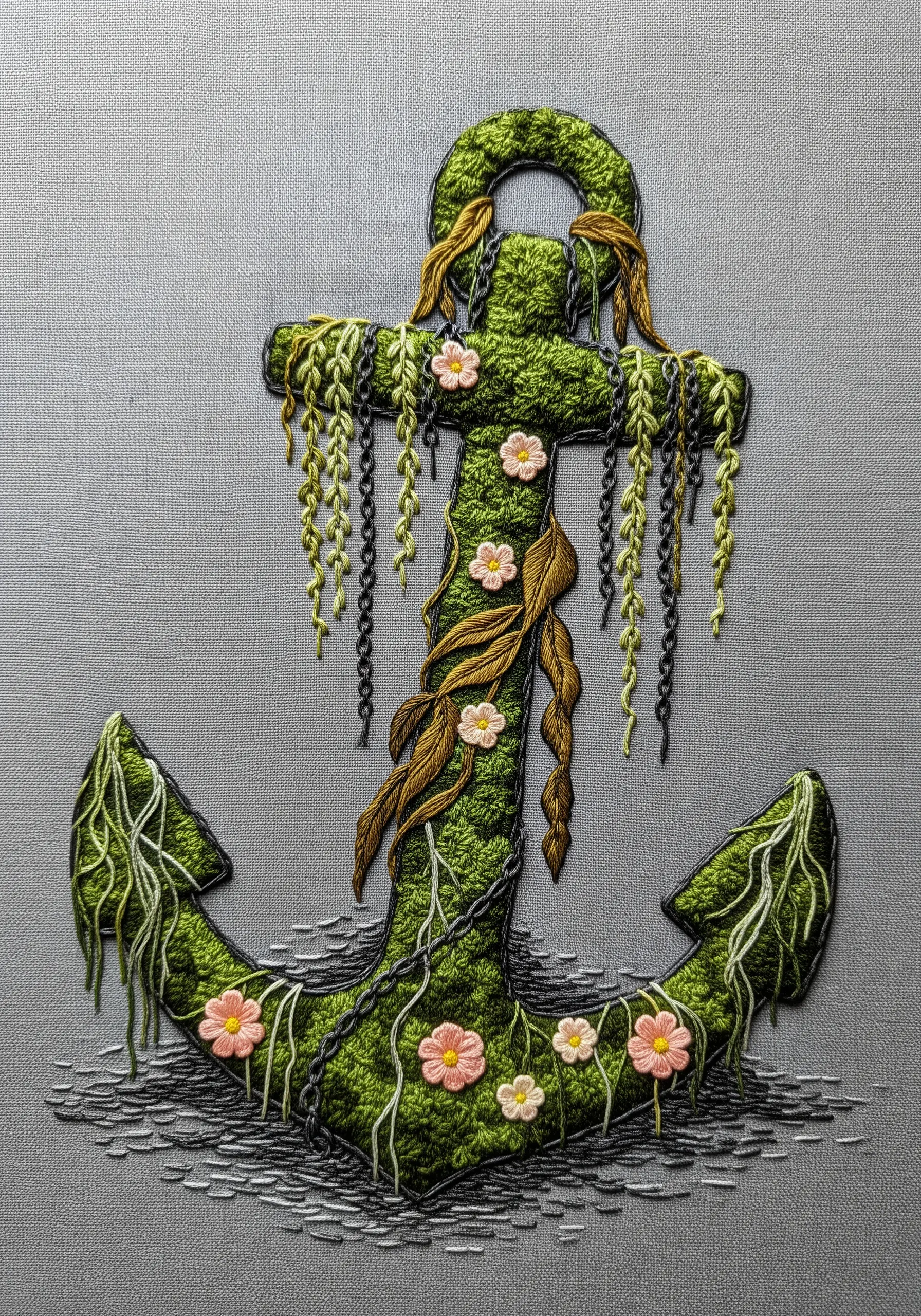 An anchor covered in textured green moss embroidery, with trailing threads and small flowers.