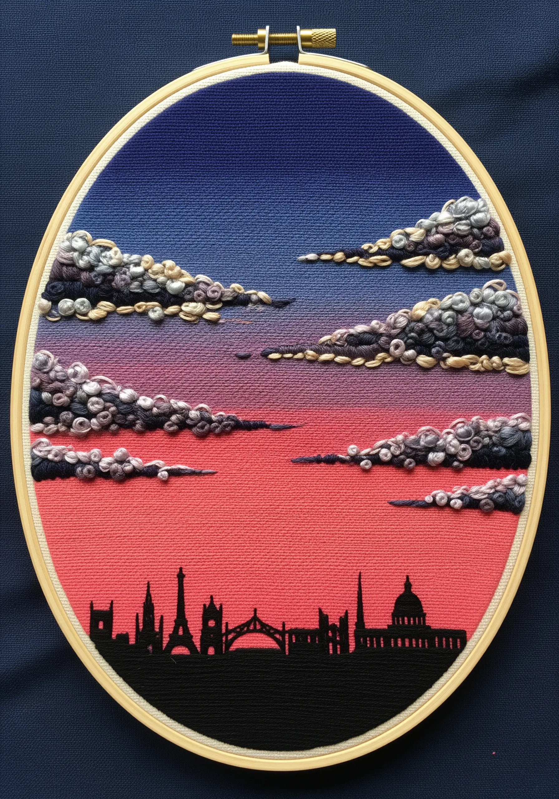 London skyline silhouette against pink and purple sunset