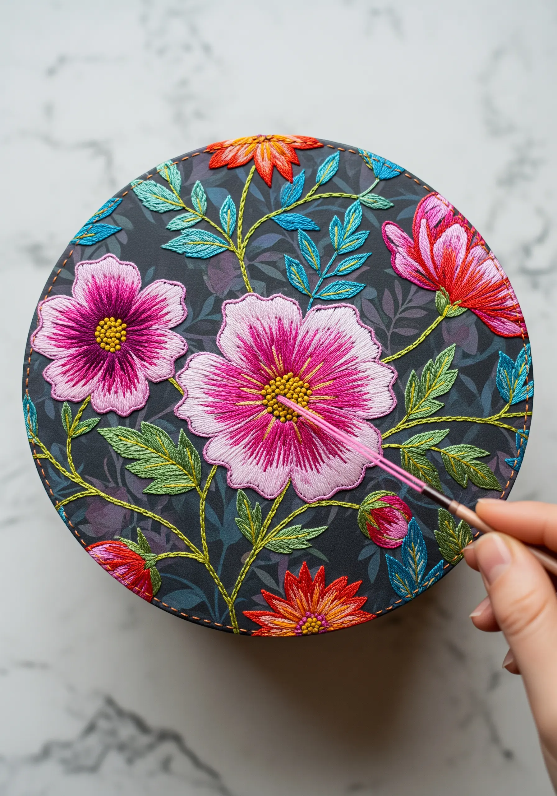 A floral jewelry box being embroidered, with thread painting following the curves of the printed petals.