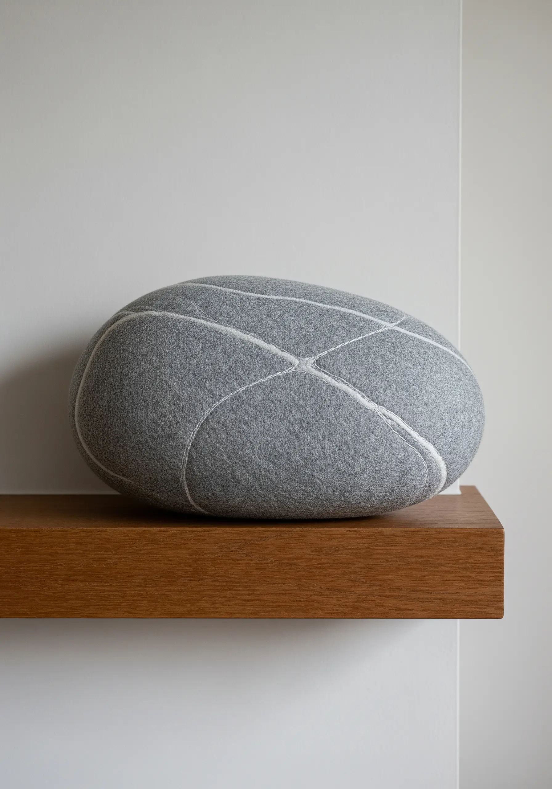 A gray, pebble-shaped cushion with white yarn stitched in intersecting lines.