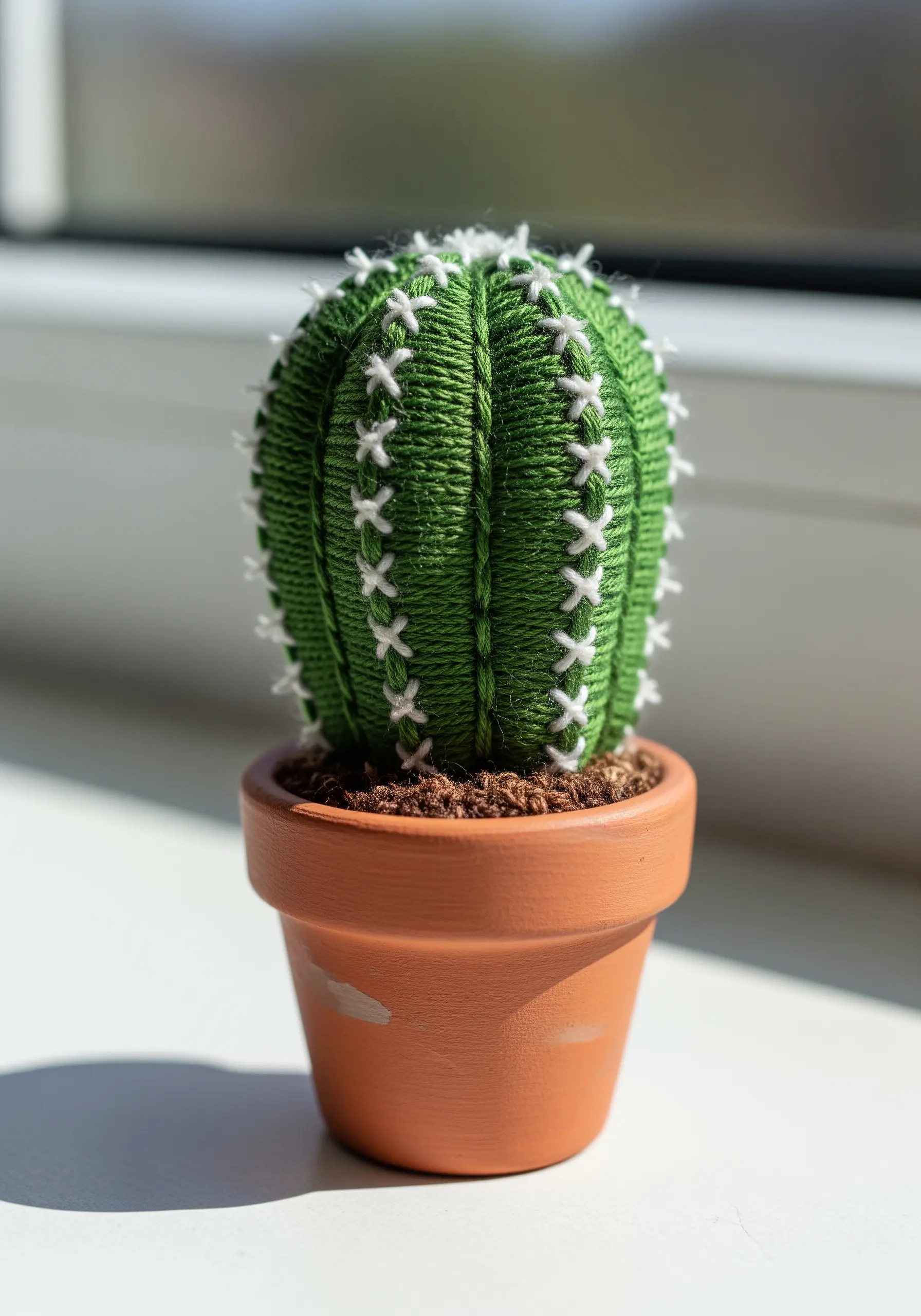 A small 3D cactus made from wrapped green thread with white cross-stitch spines.