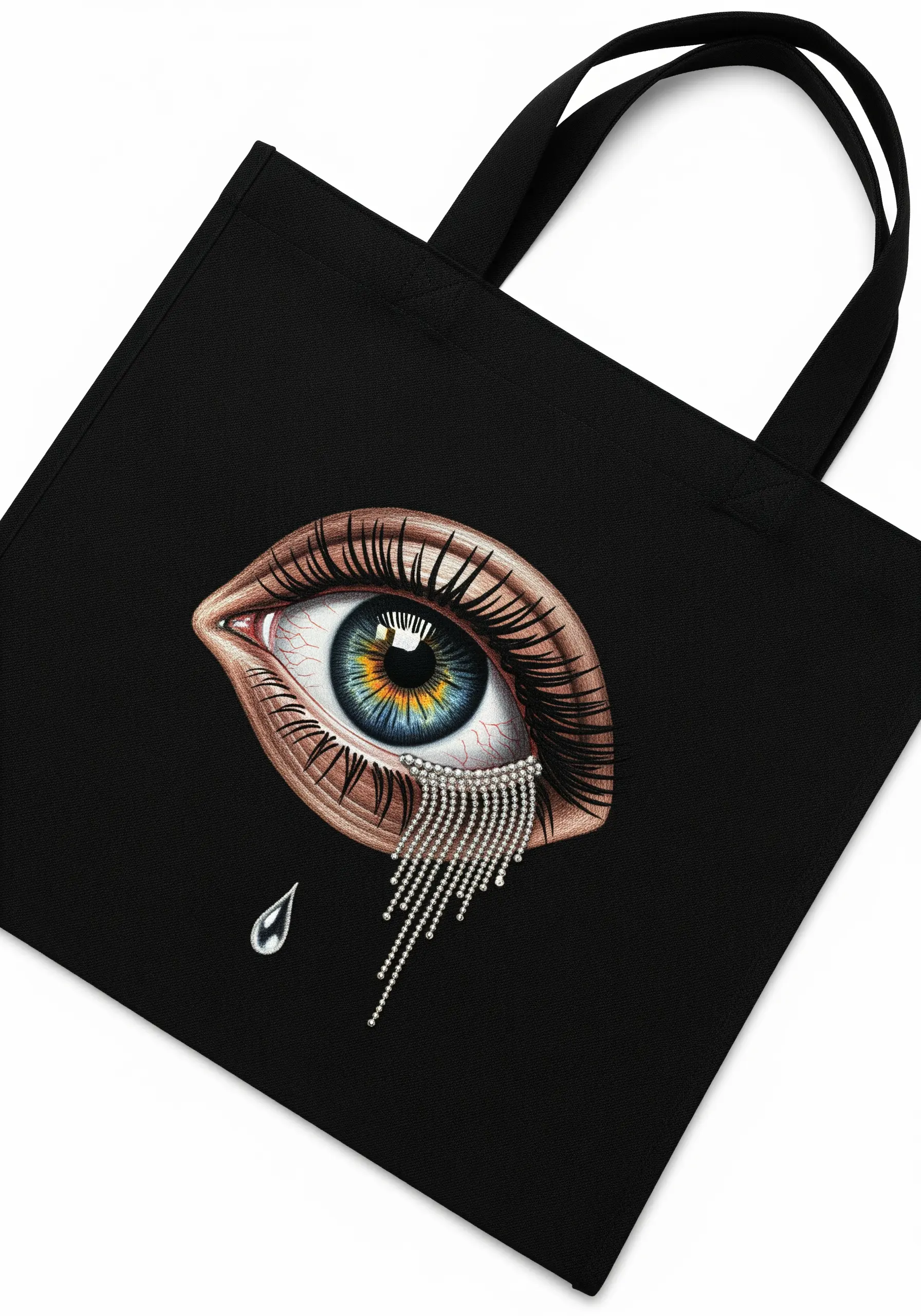 A hyperrealistic embroidered eye on a black tote bag, with crystal strands forming tears.