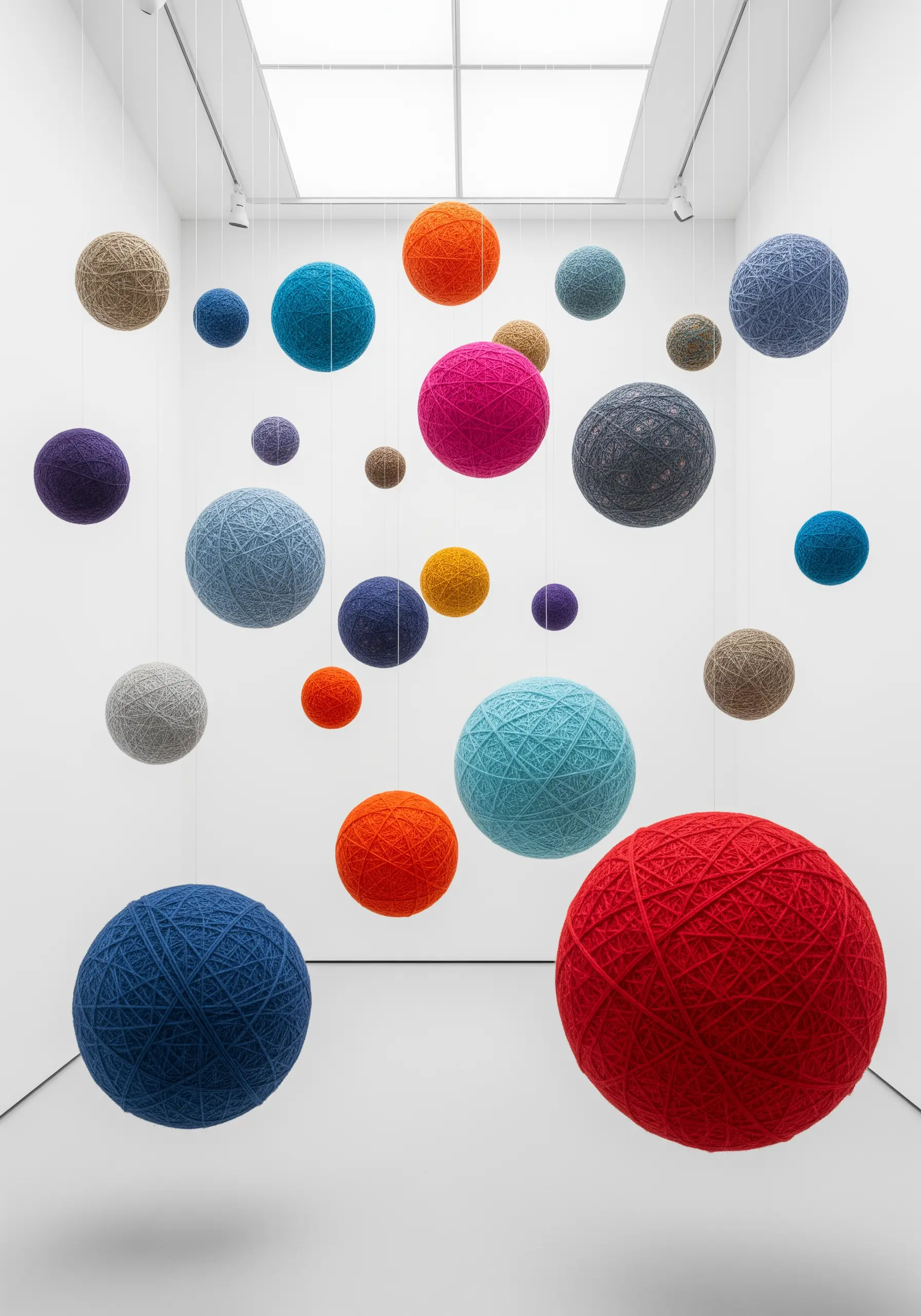 Many different-sized spheres wrapped in colorful yarn suspended from the ceiling in a gallery.
