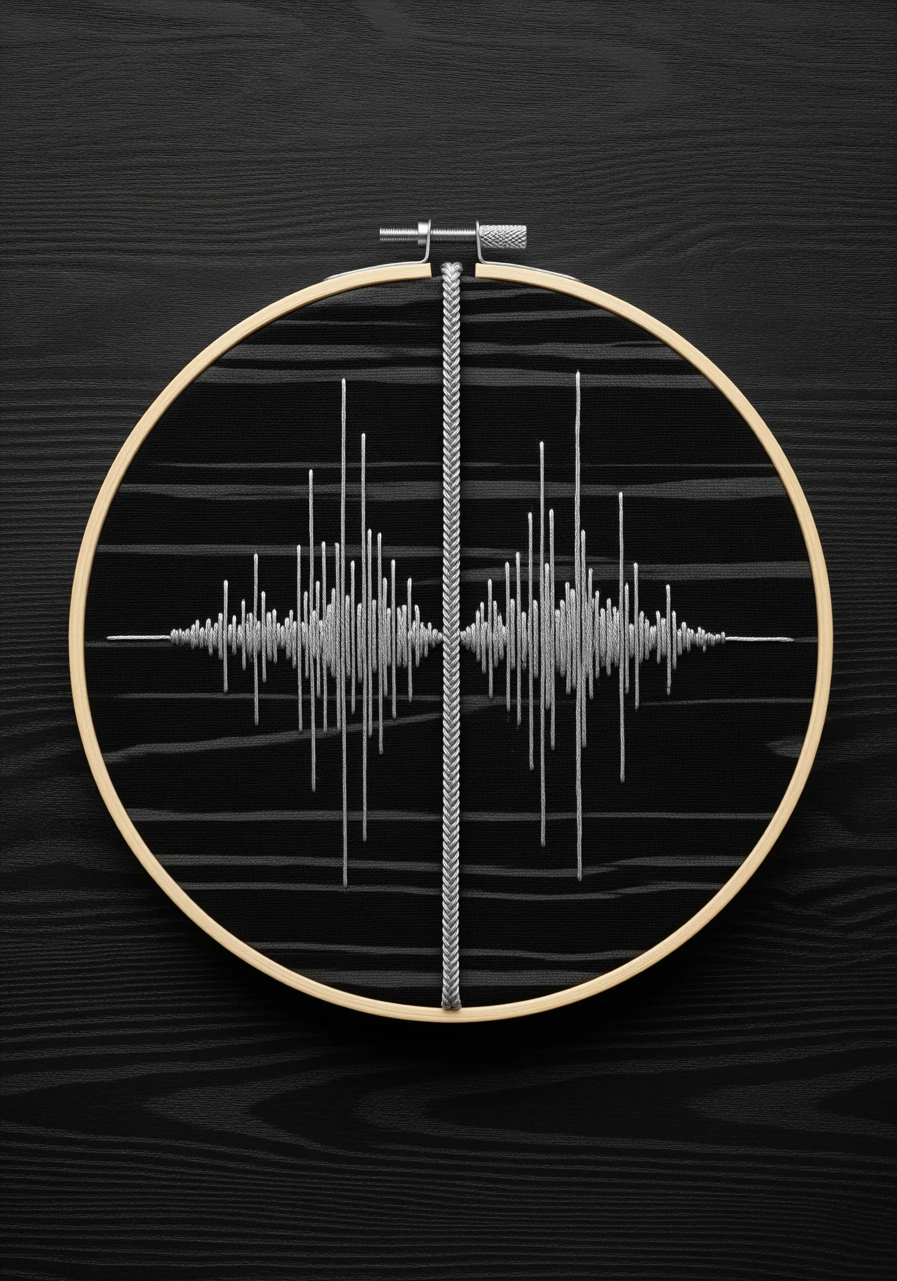 A sound wave stitched with silver thread across an empty hoop against a black background.