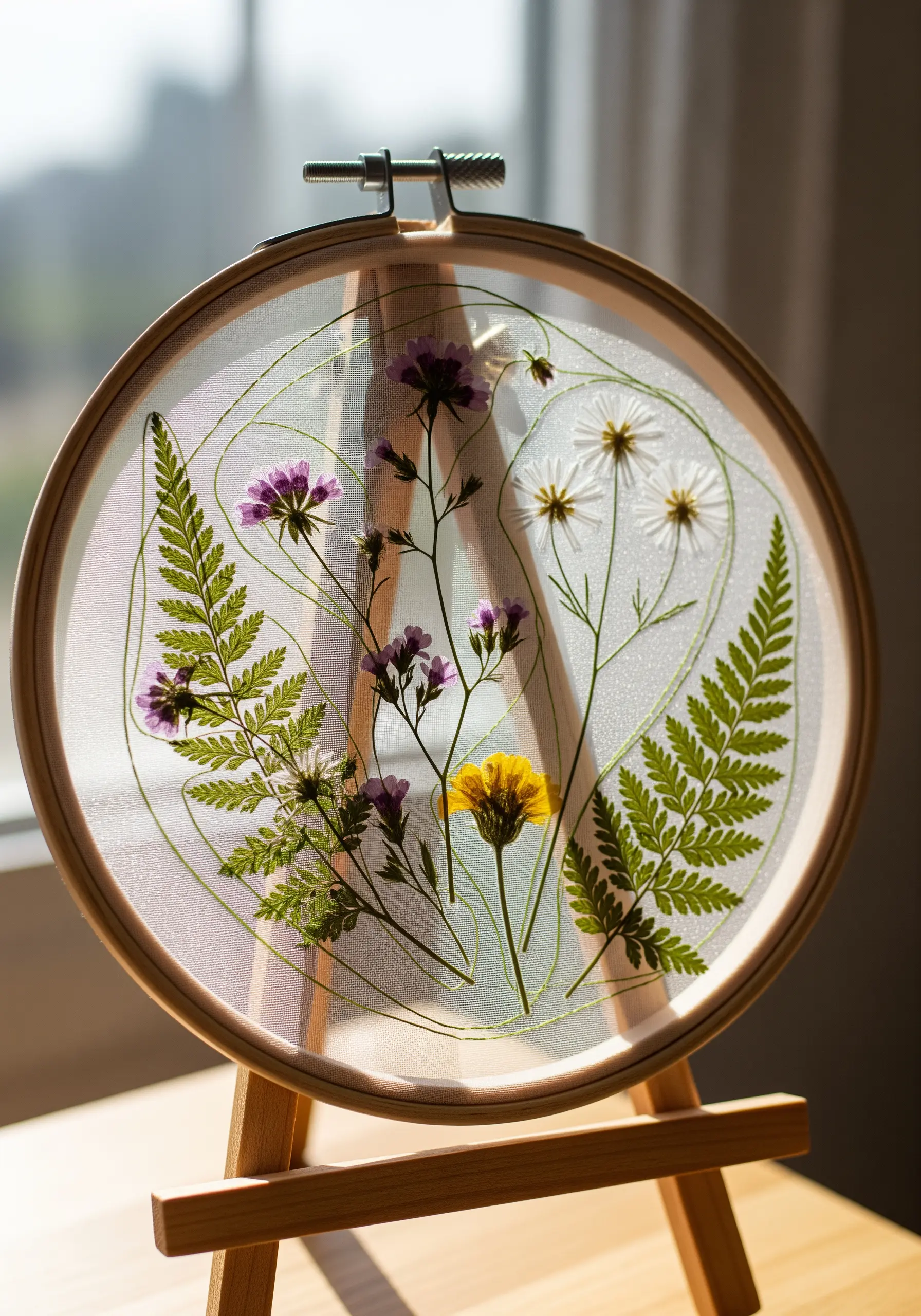 Pressed ferns and wildflowers elegantly suspended between two layers of tulle in an embroidery hoop.