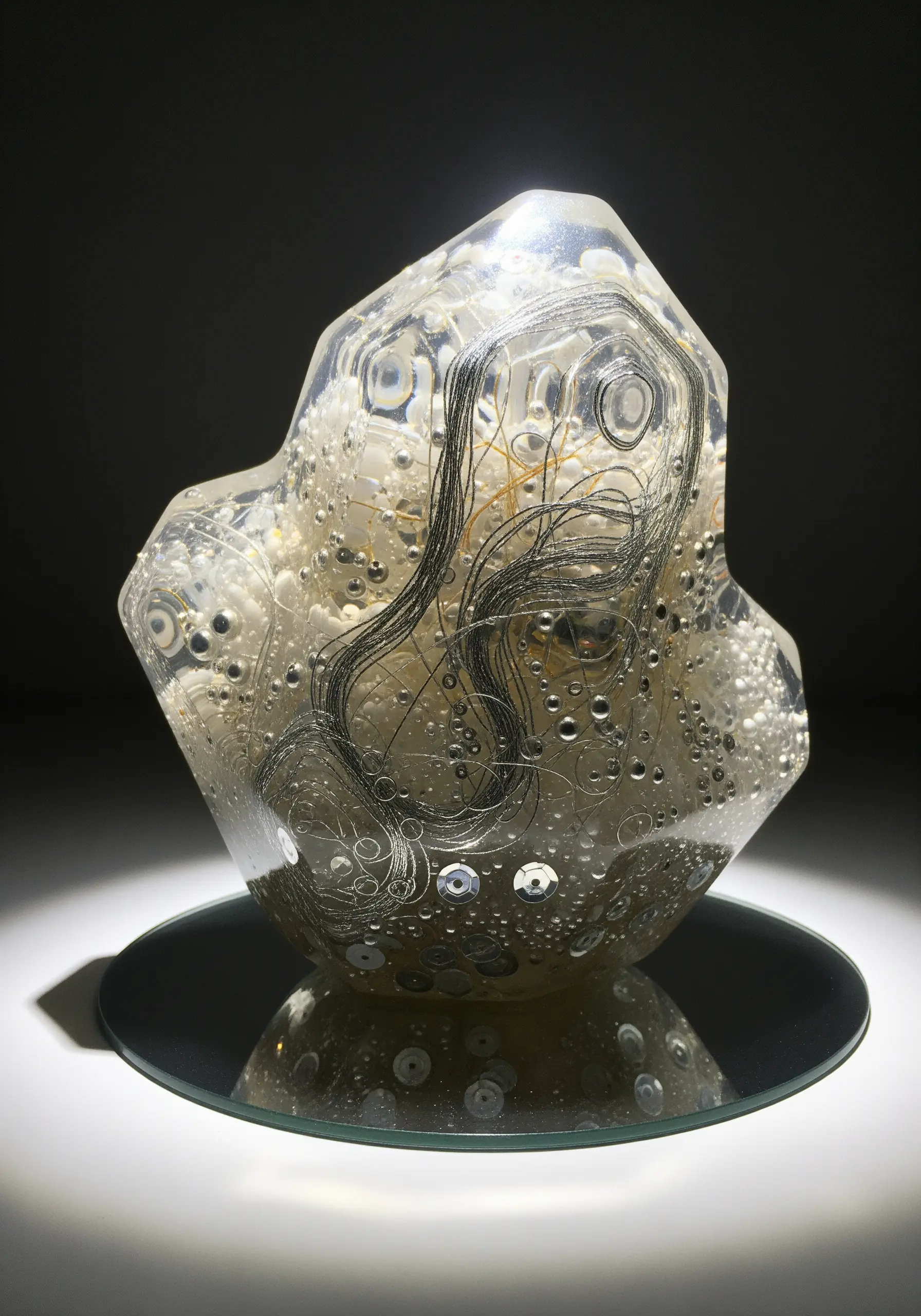 A translucent resin sculpture with threads, beads, and sequins suspended inside.