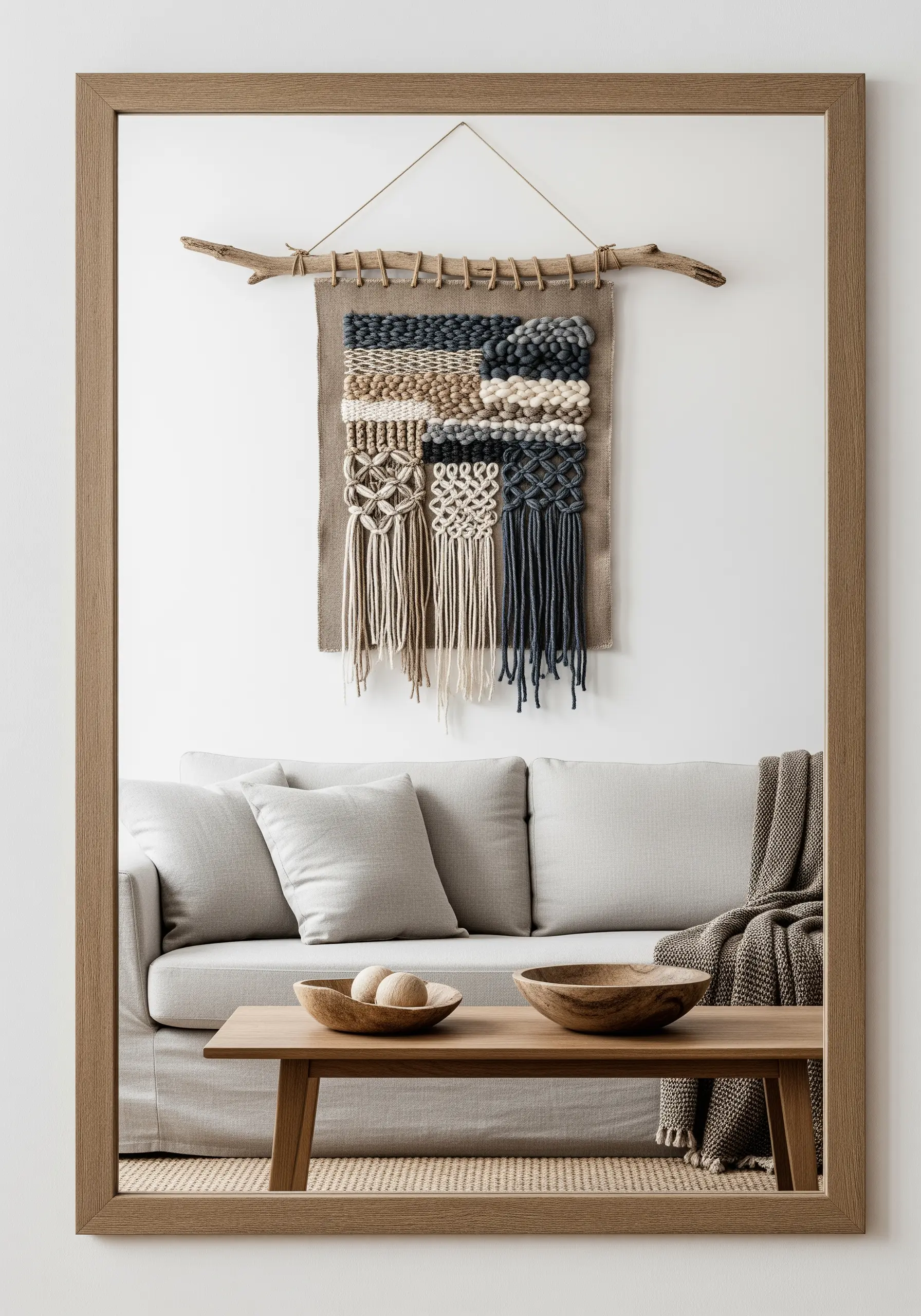 An earth-toned textured wall hanging with macrame knots suspended from a driftwood branch.