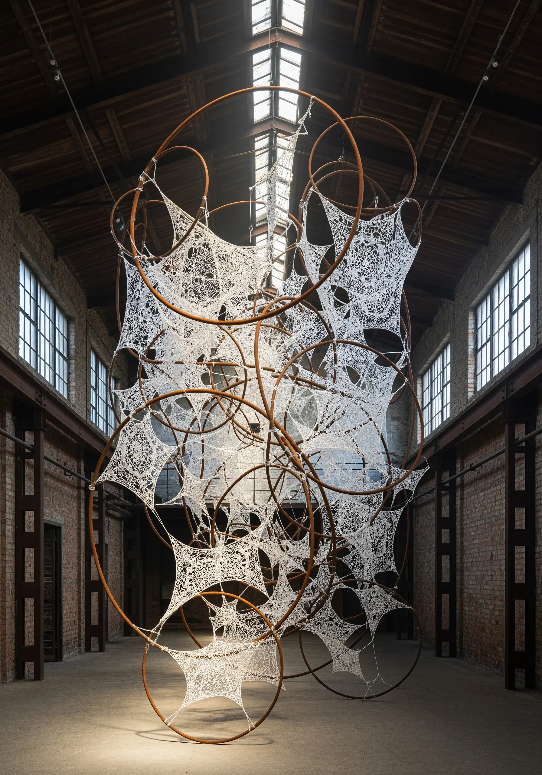 Large industrial installation of white thread webs on metal rings