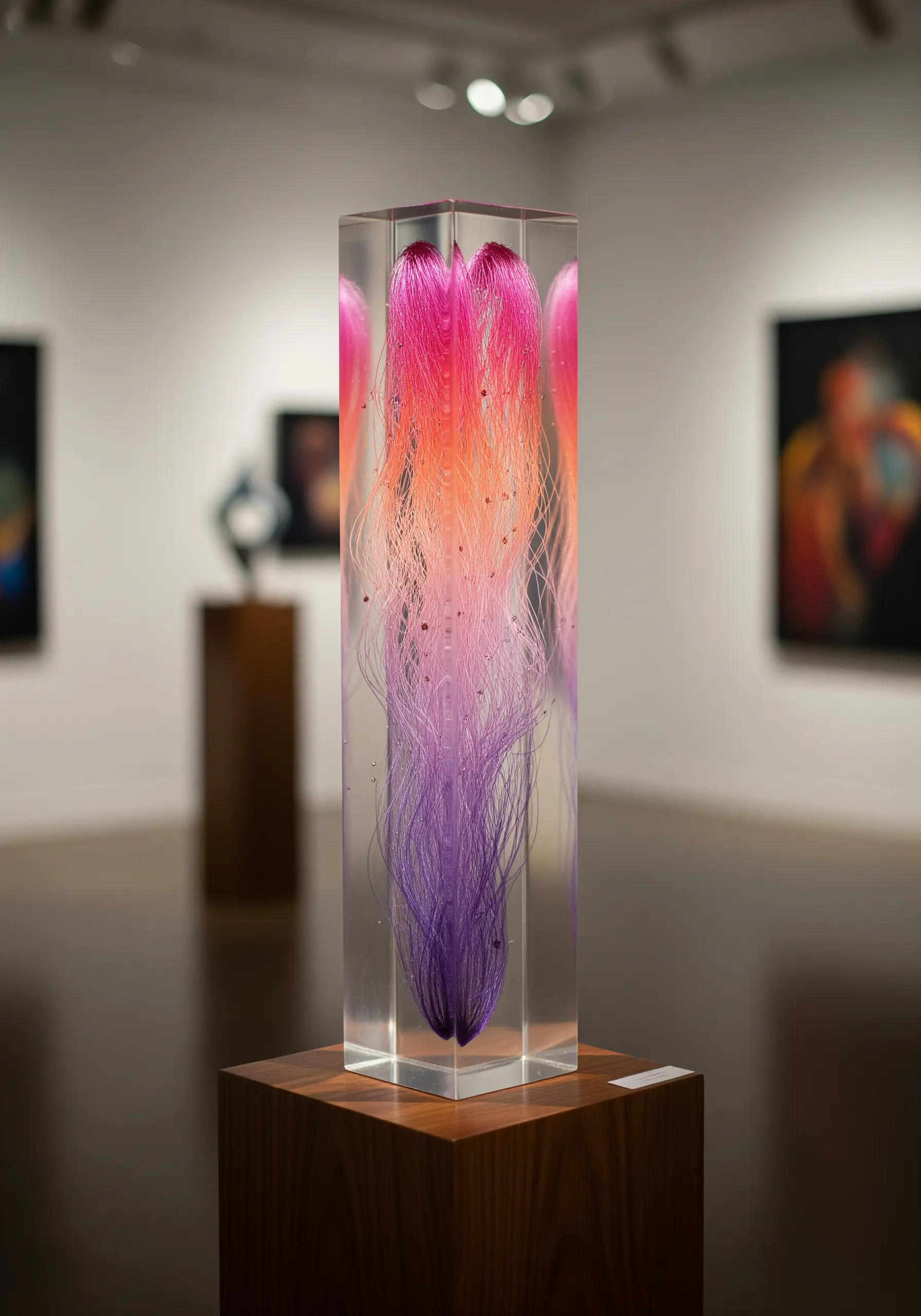 Abstract sculpture of pink, orange, and purple threads suspended in a clear resin block.