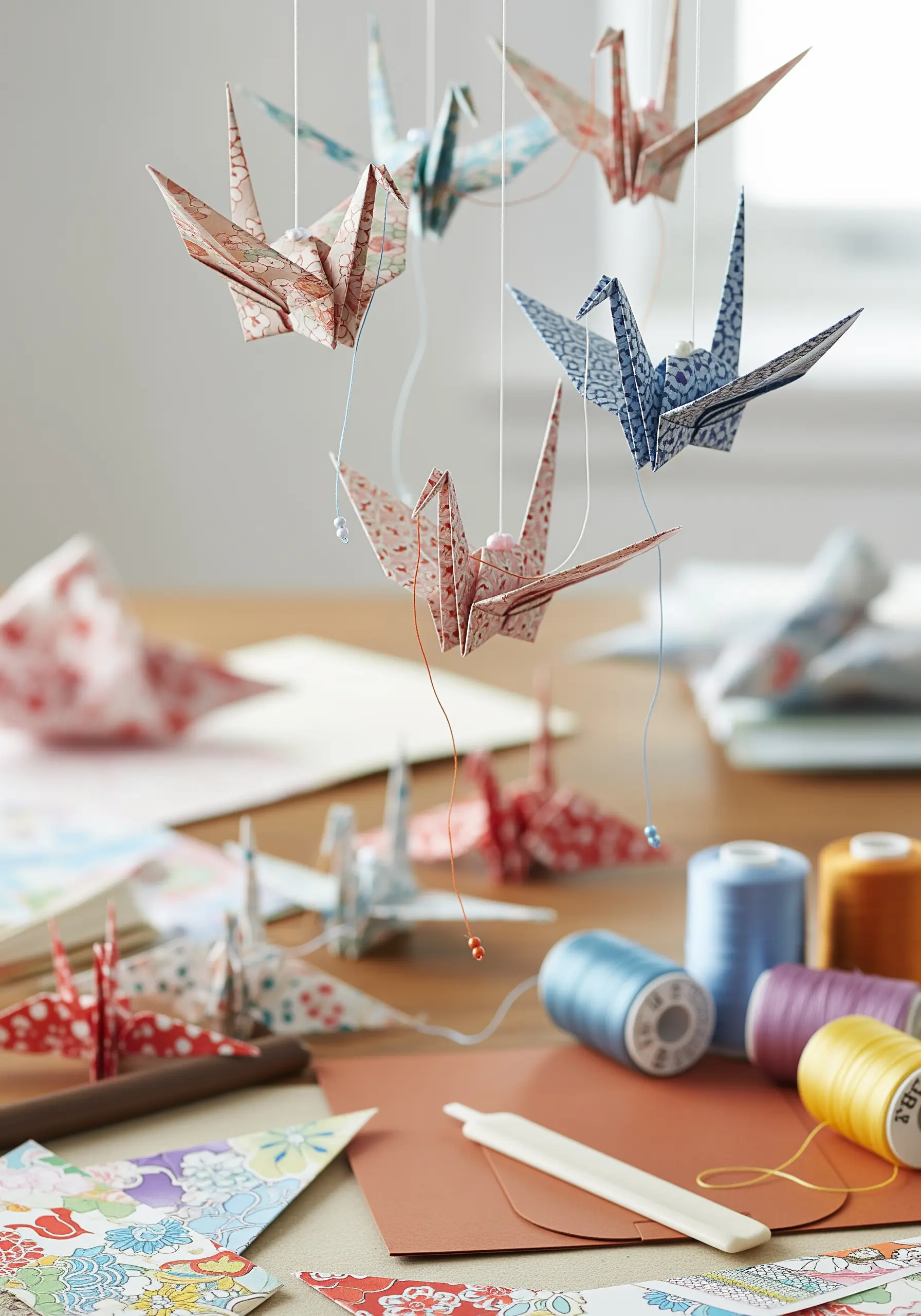 Colorful origami cranes suspended with fine embroidery thread and small beads to create a mobile.