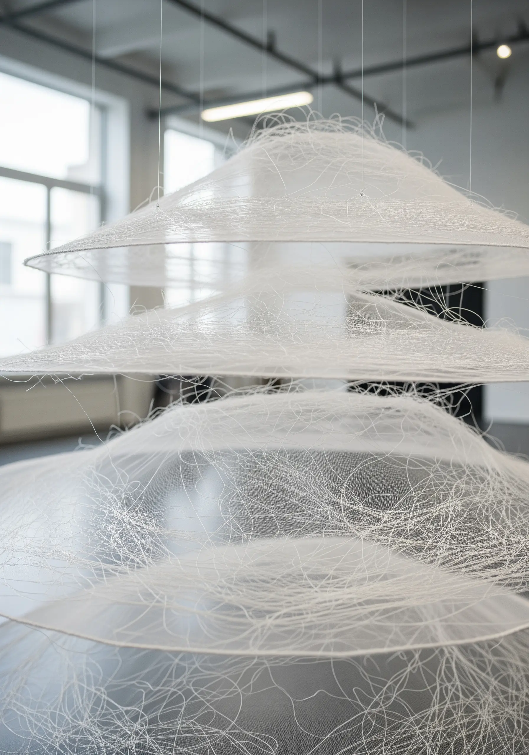 White wire and thread floating sculpture installation