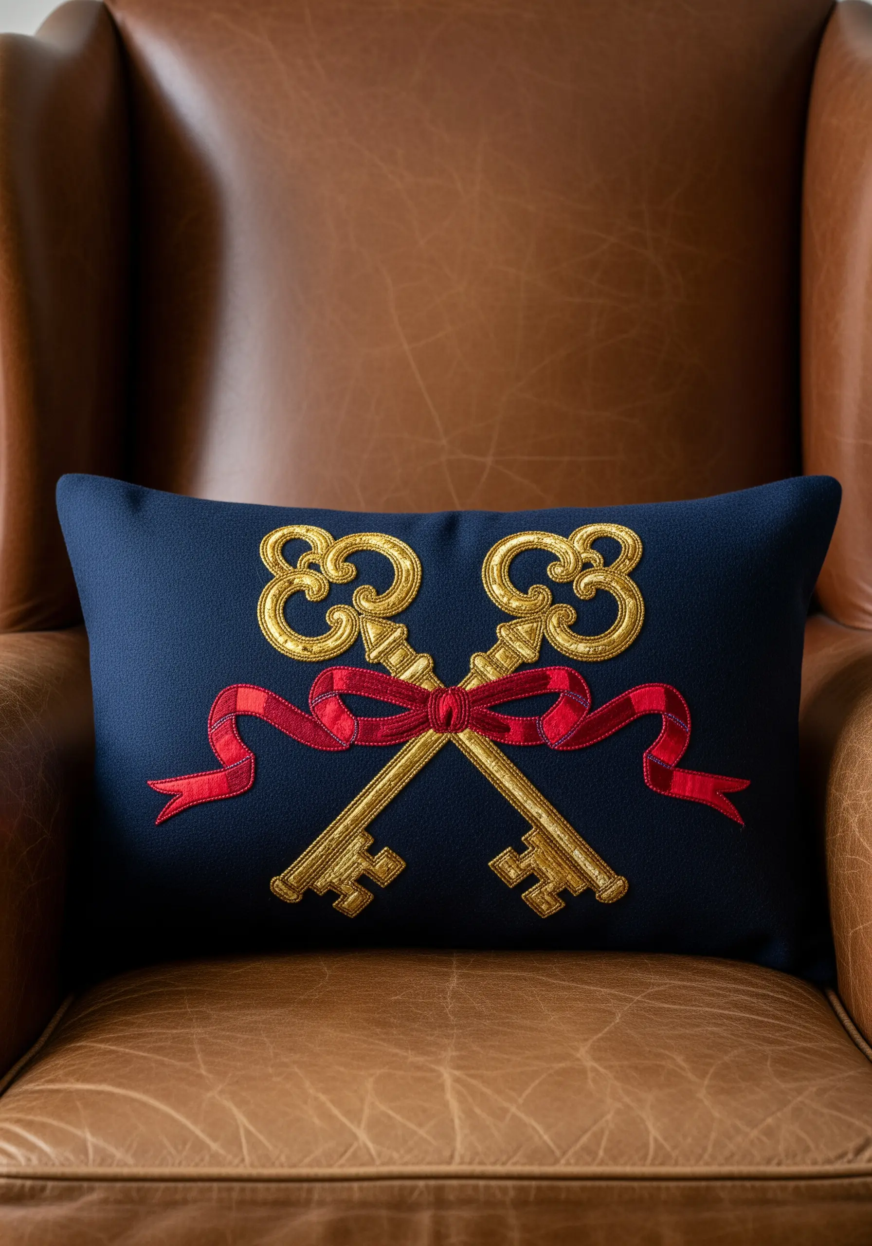 Two embroidered gold keys crossed and tied with a dimensional red ribbon.