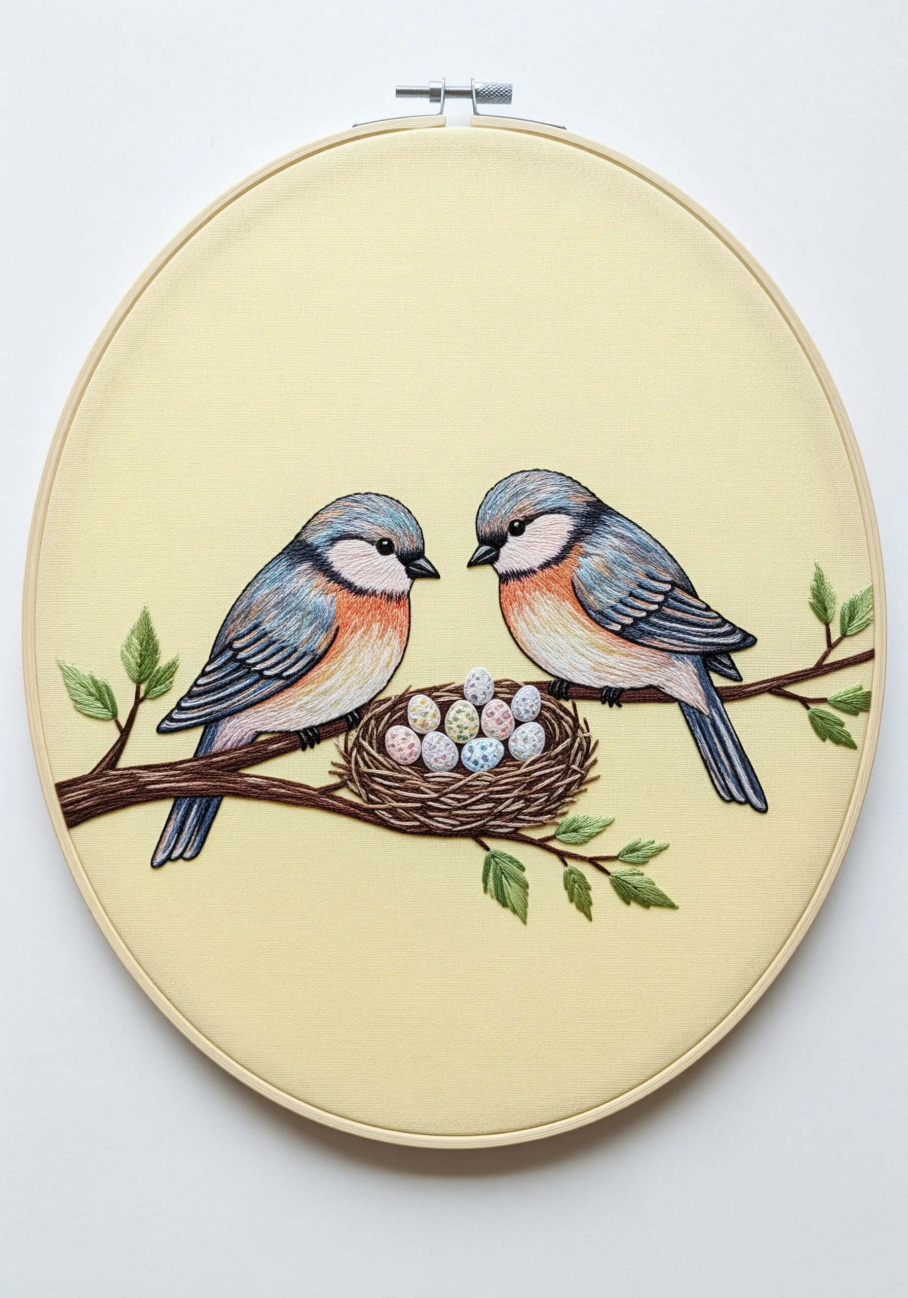 Embroidered pair of birds on a branch looking at a nest of speckled eggs.