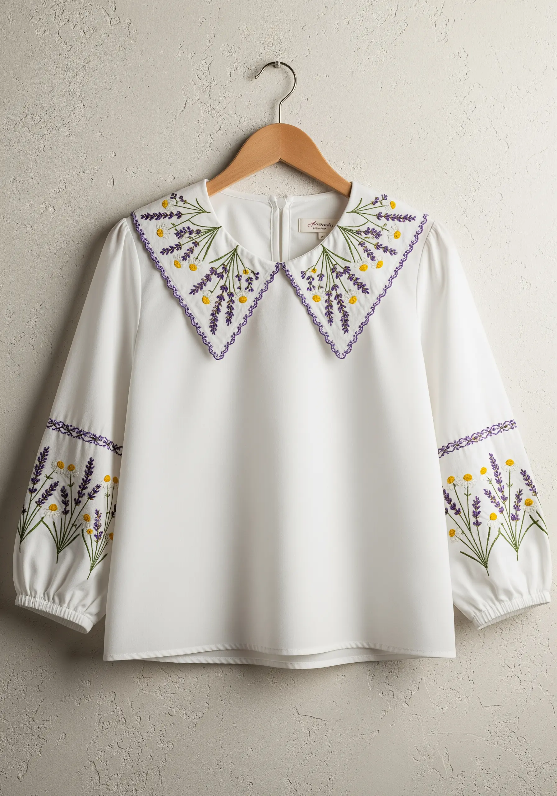 A white blouse with symmetrical lavender and yellow flower embroidery on its large collar and cuffs.