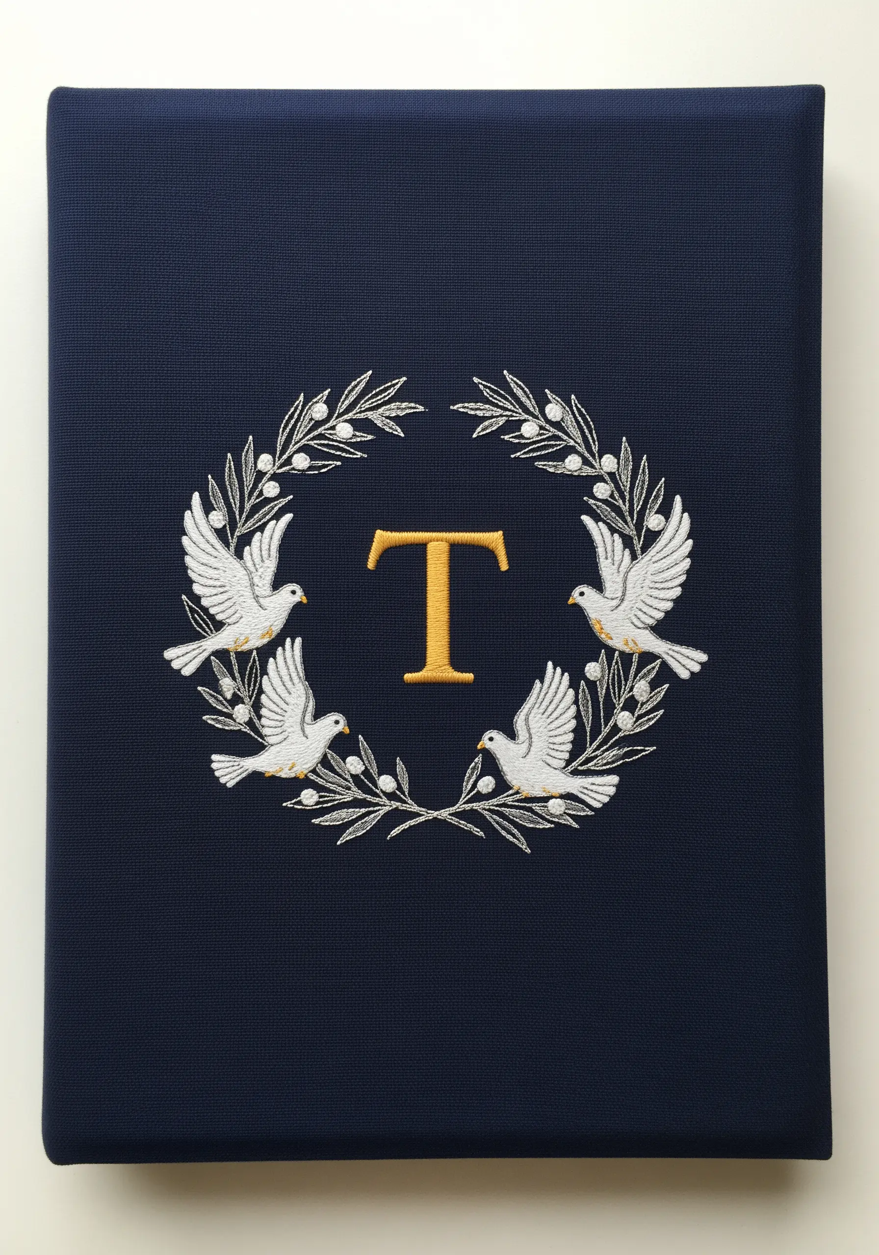 Blue fabric notebook with gold letter T and white symmetrical laurel wreath