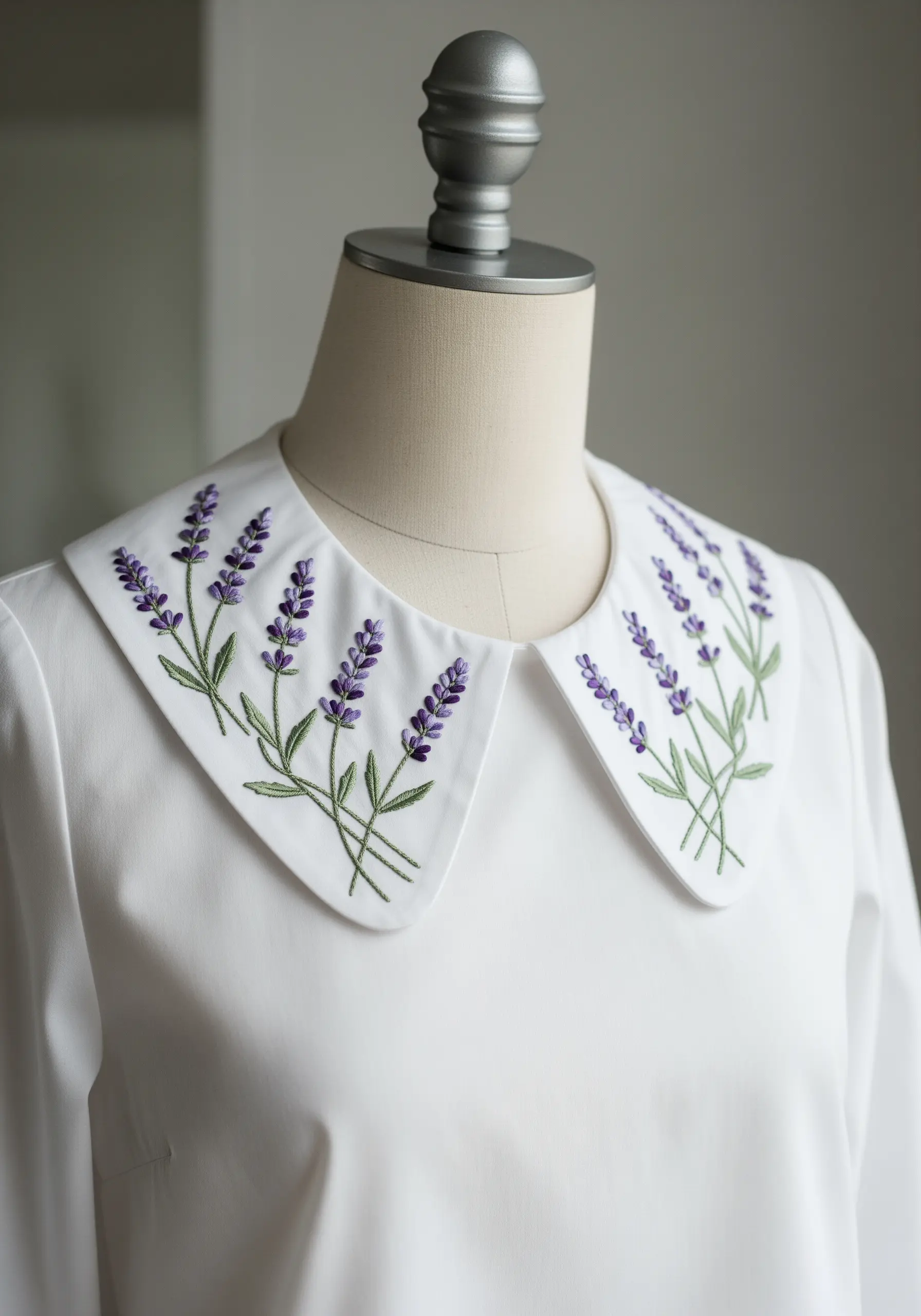 Symmetrical lavender sprigs hand-embroidered on a white shirt collar.