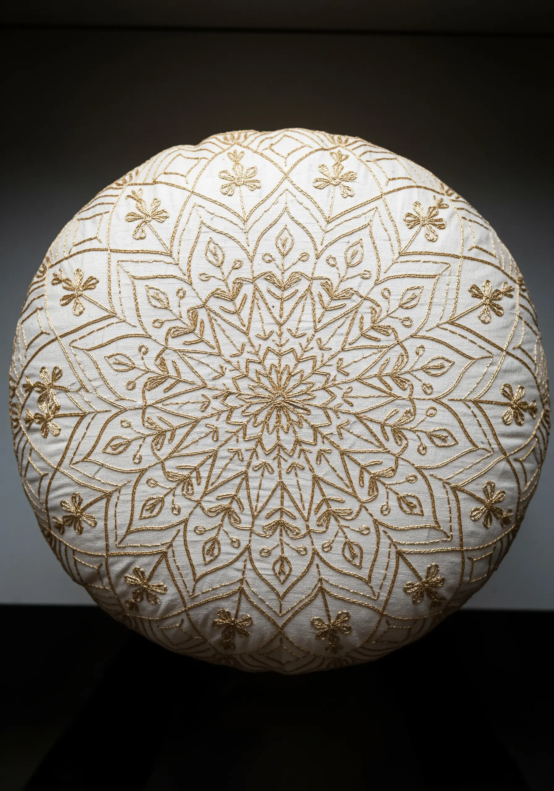Symmetrical gold thread mandala embroidered on a round white cushion.