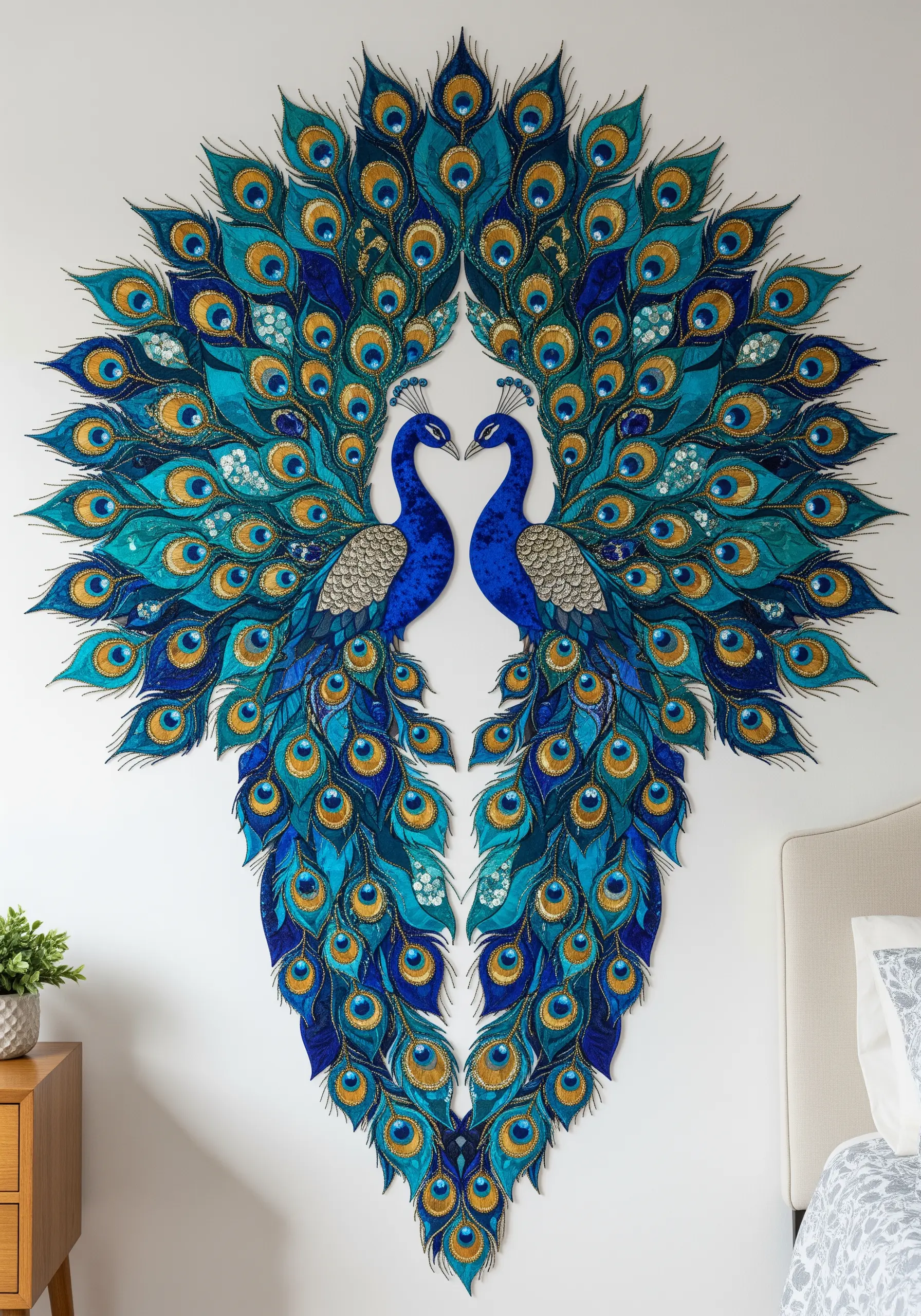 Two symmetrical peacocks created with fabric appliqué, embroidery, sequins, and beads.