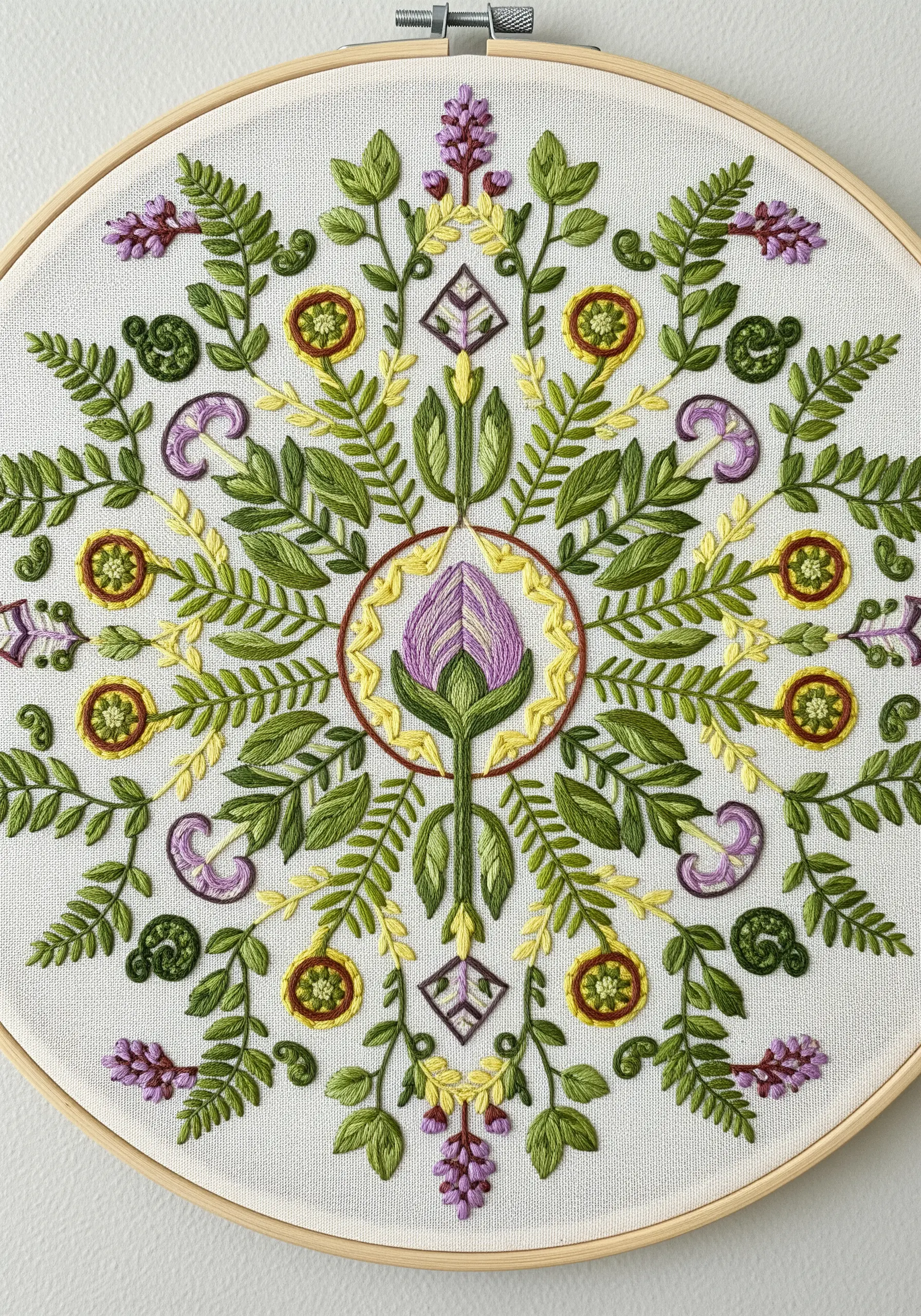 A symmetrical botanical mandala with embroidered ferns, leaves, and flowers in a circular pattern.