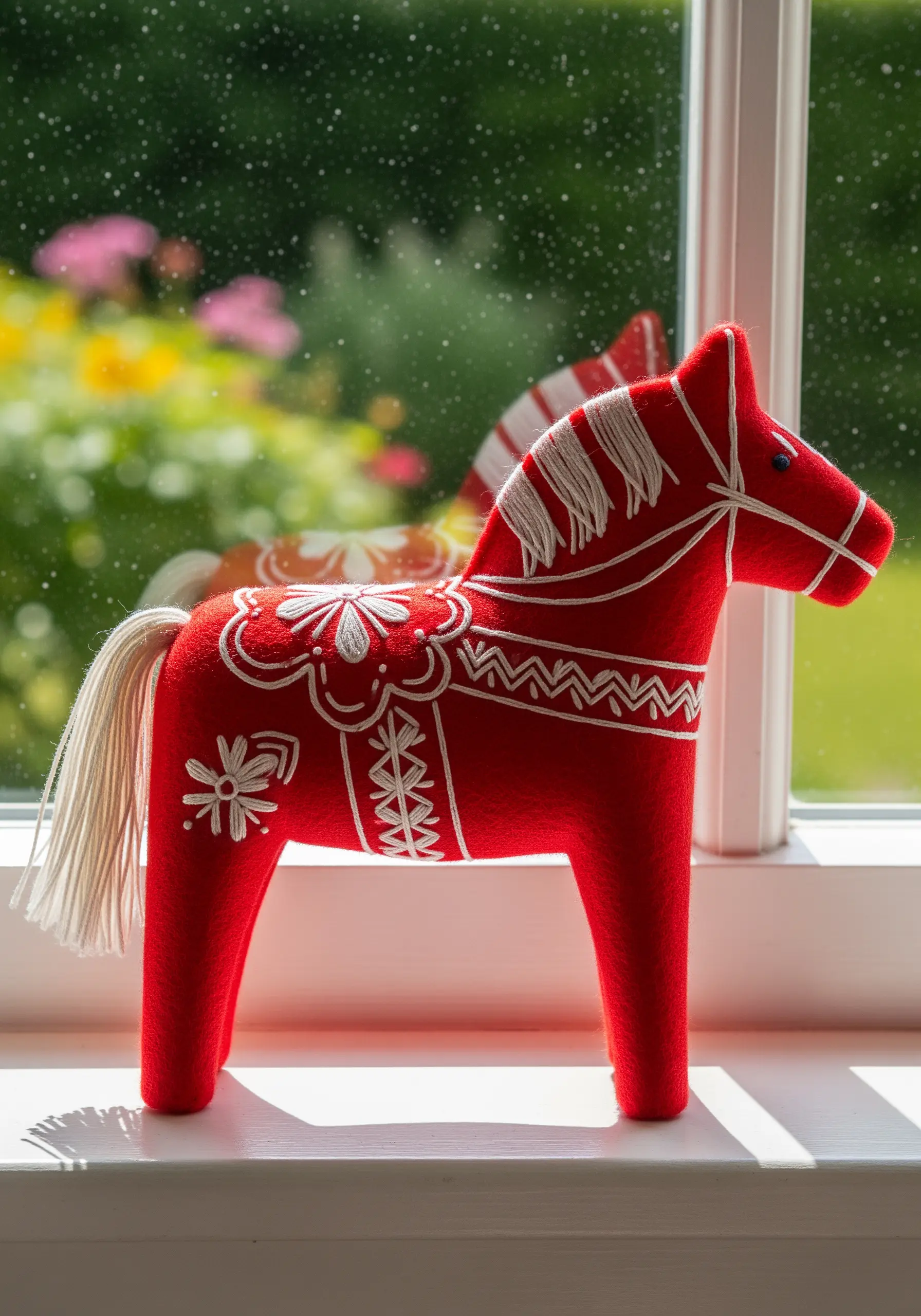 Red felt Dala horse with white folk art embroidery