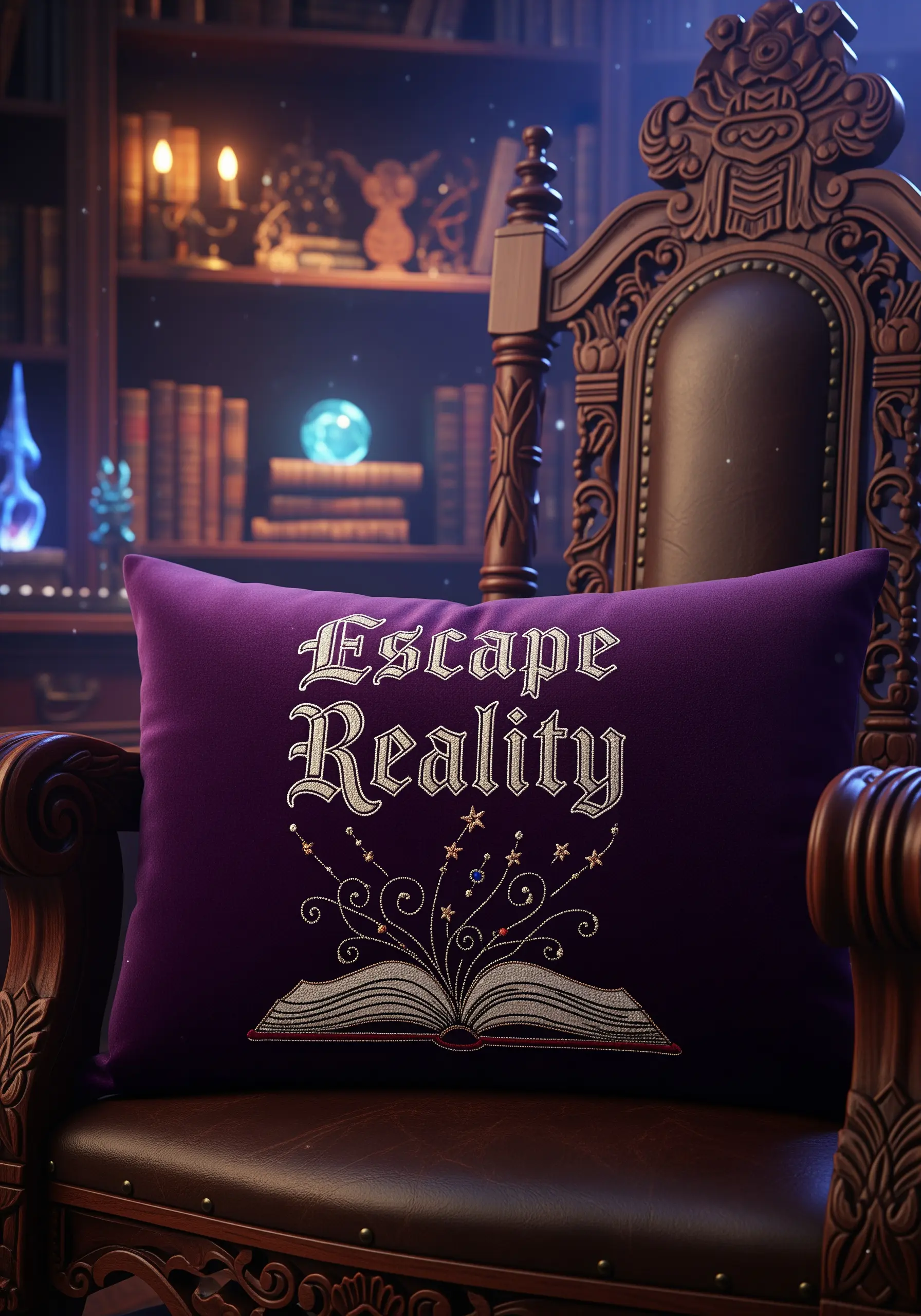 Ornate gothic lettering in white and silver thread on a deep purple pillow.