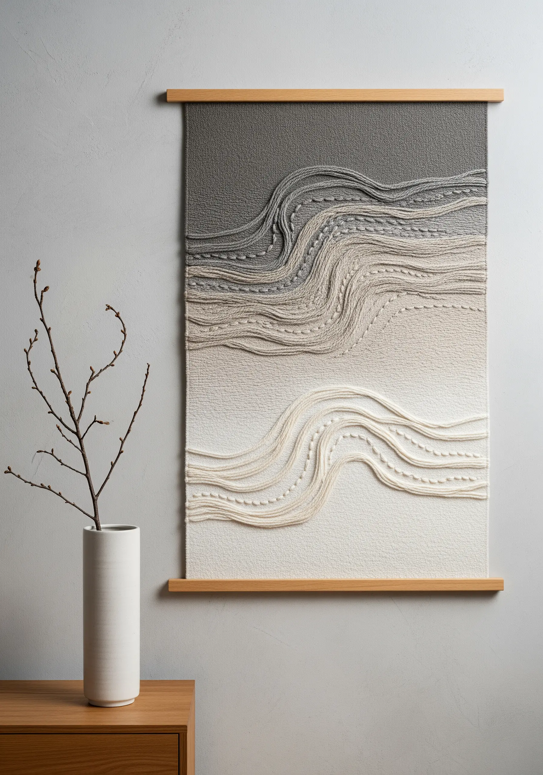 Neutral gradient wall hanging with flowing lines and varied stitch textures.
