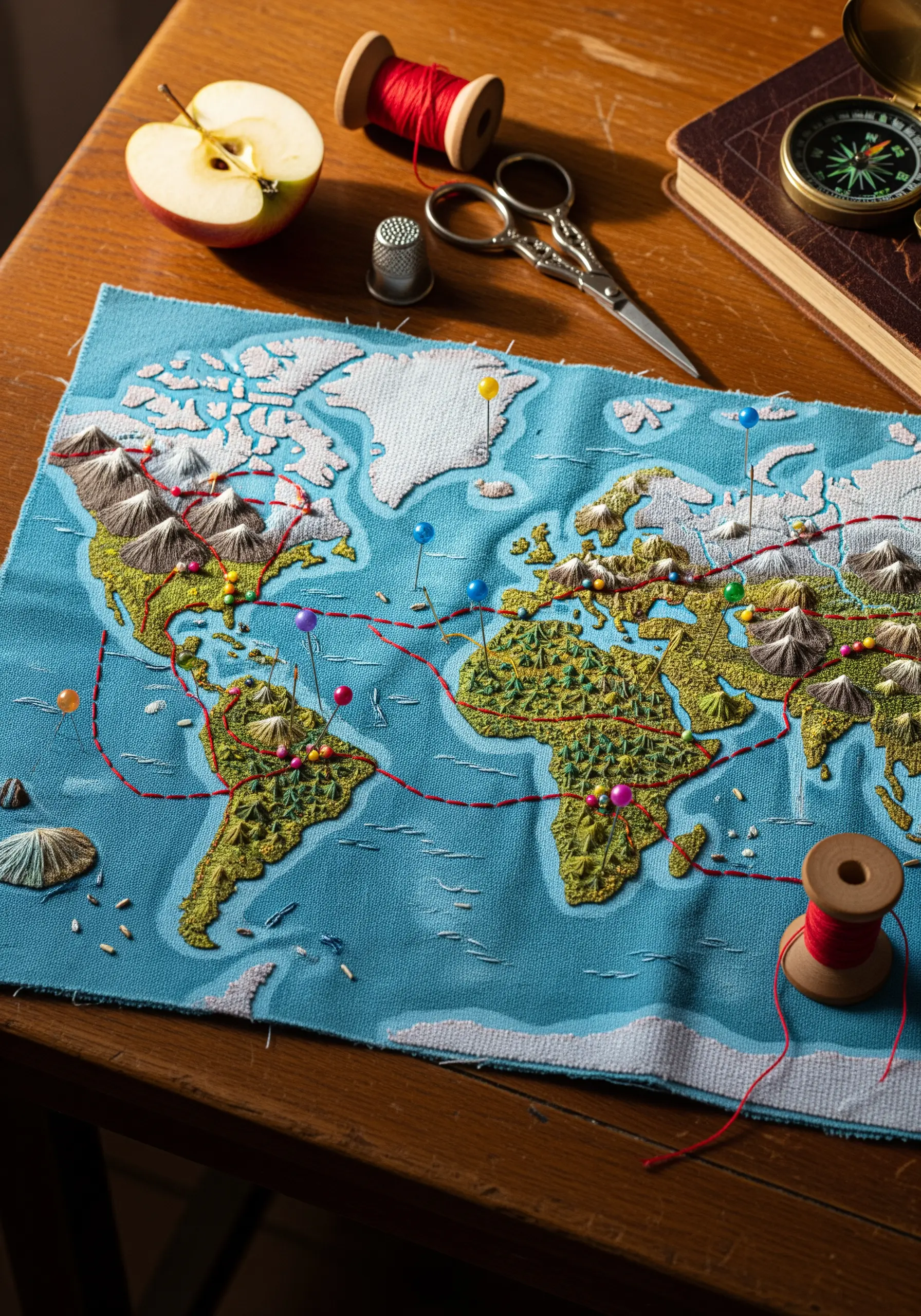 Embroidered world map with raised mountains