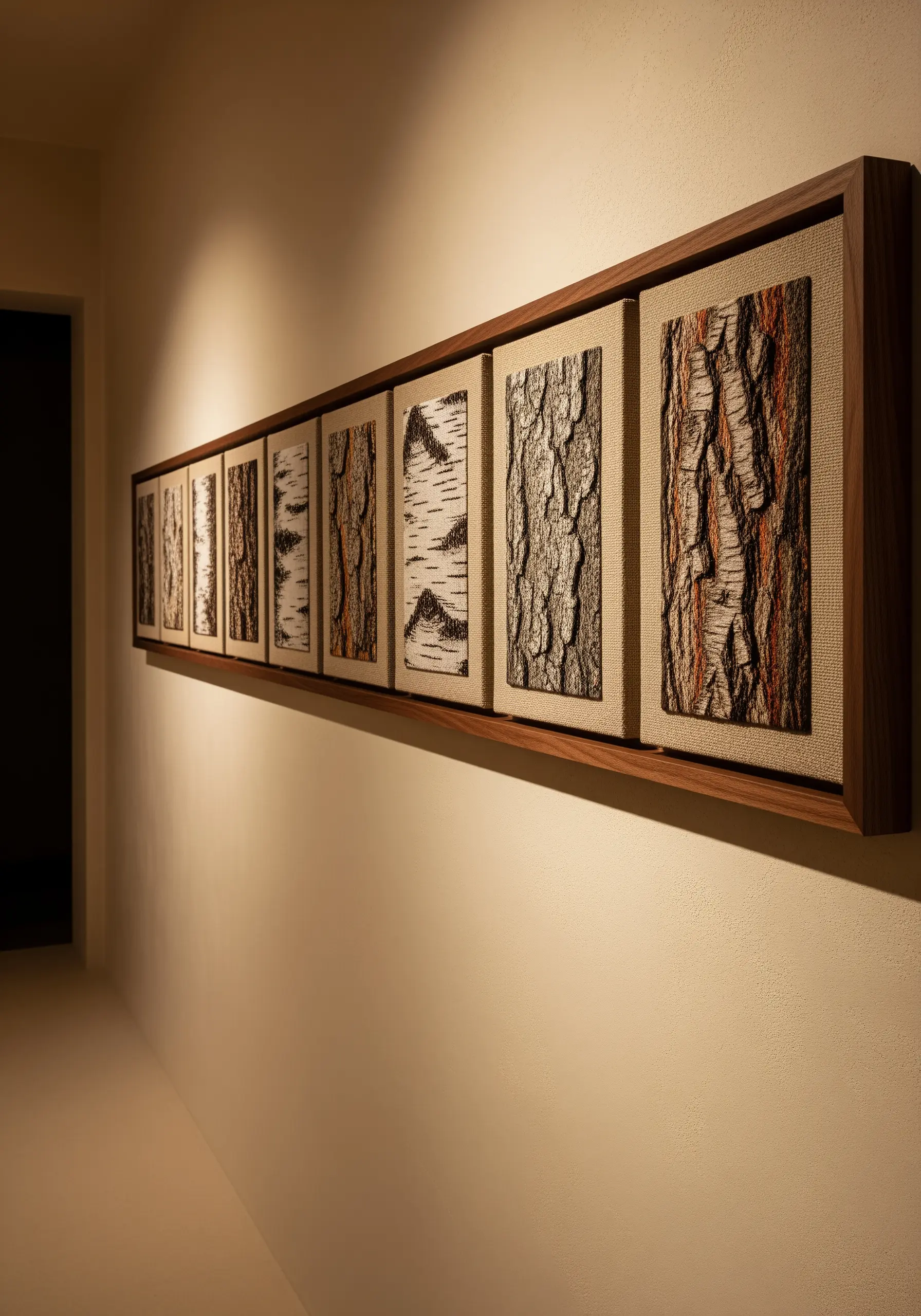 A long, horizontal frame holding a series of embroidered panels depicting tree bark textures.