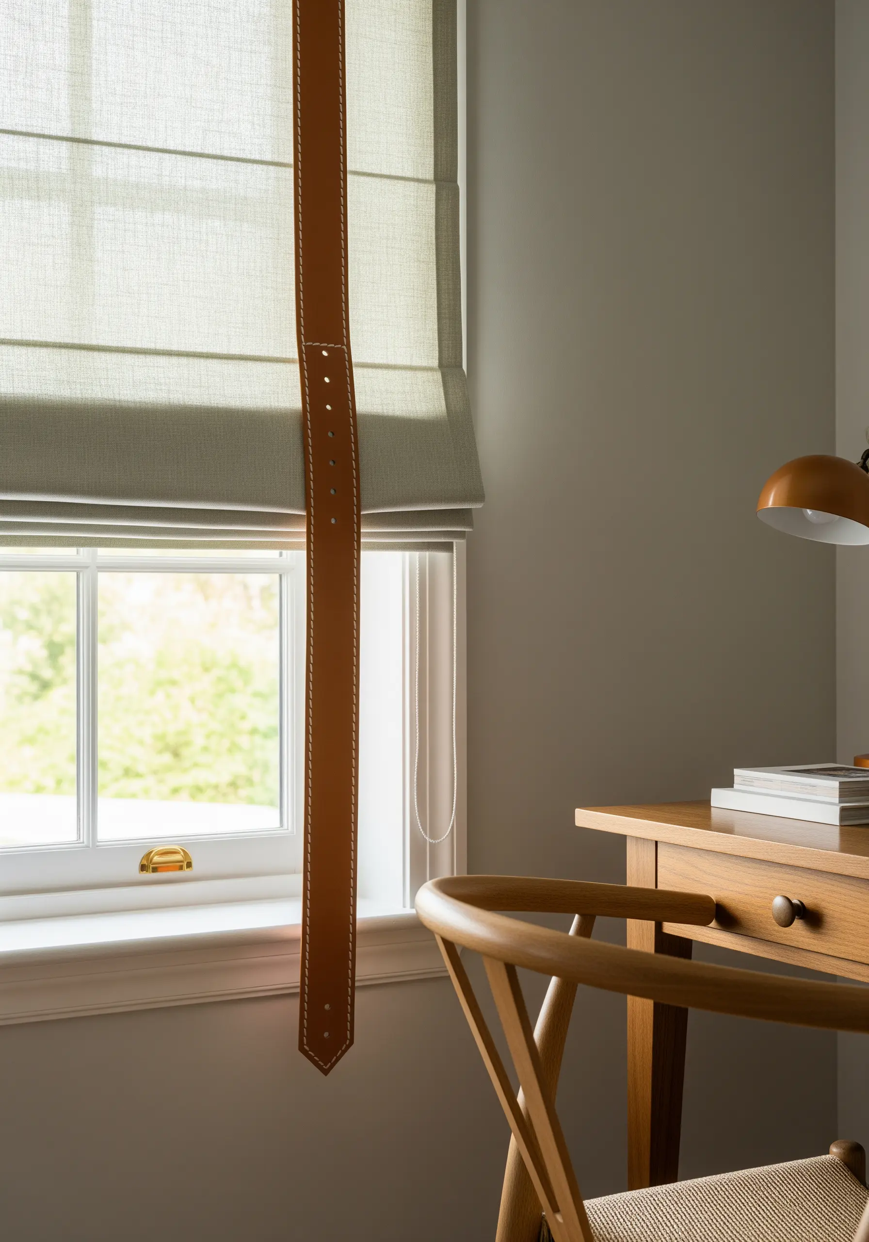 A close-up of precise running stitches along the edge of a tan leather strap.