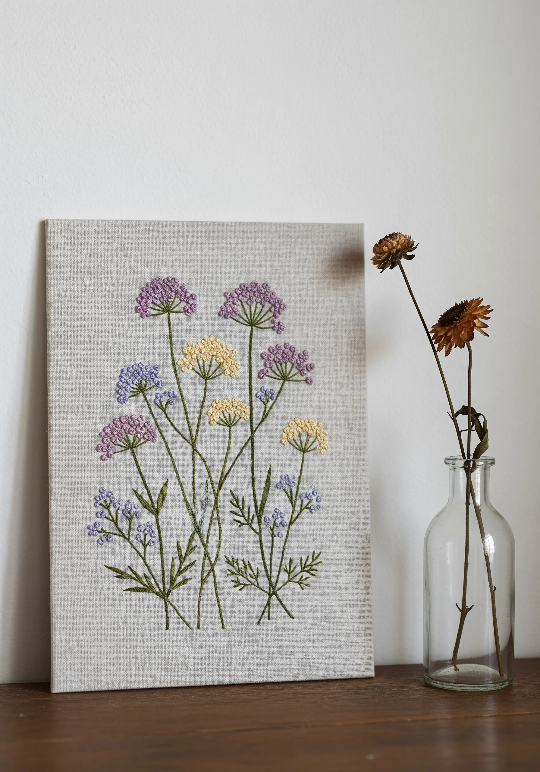 Wildflower embroidery on a stretched canvas, displayed as a piece of wall art
