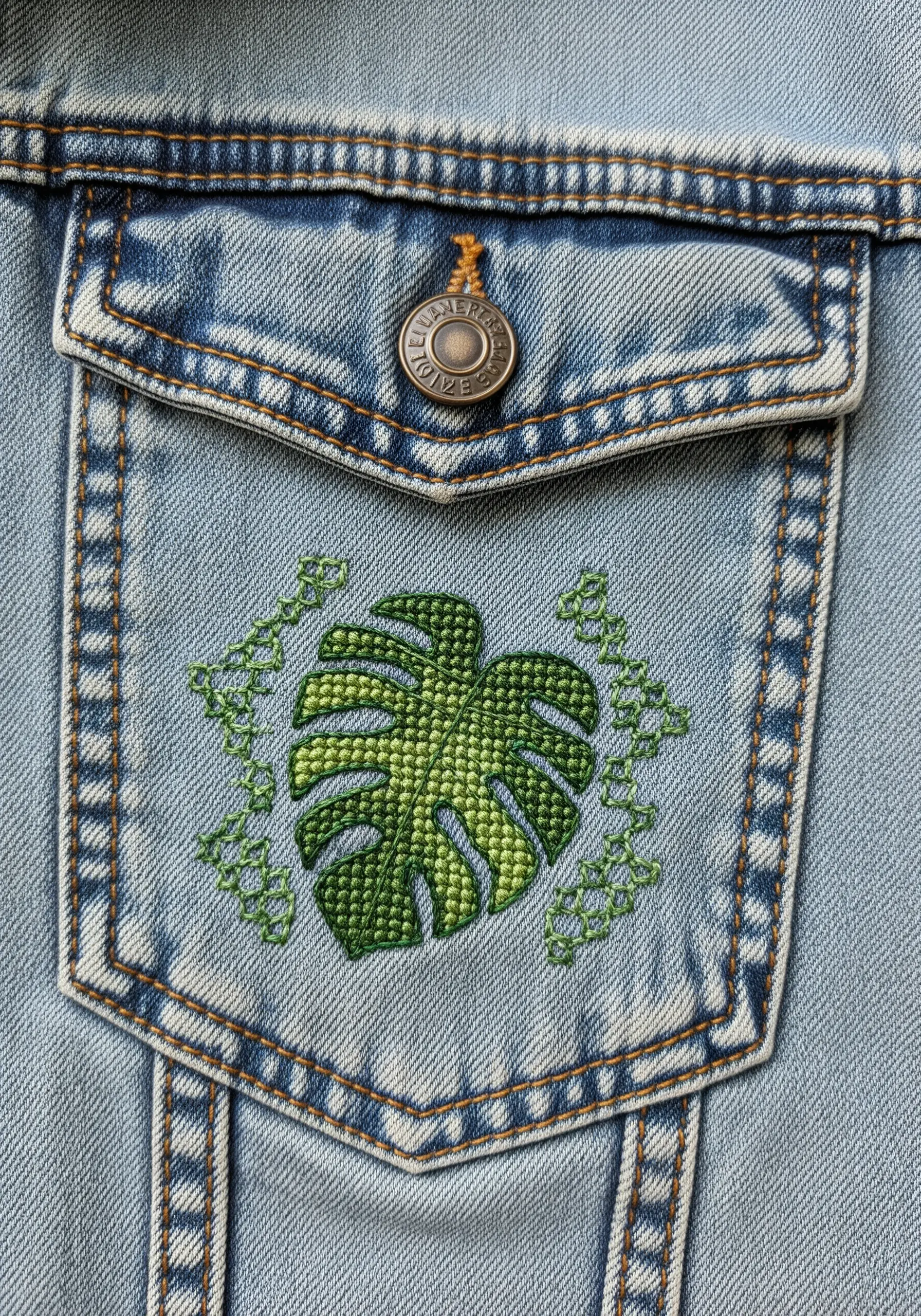 A cross-stitched monstera leaf with a color gradient on a denim jacket pocket.