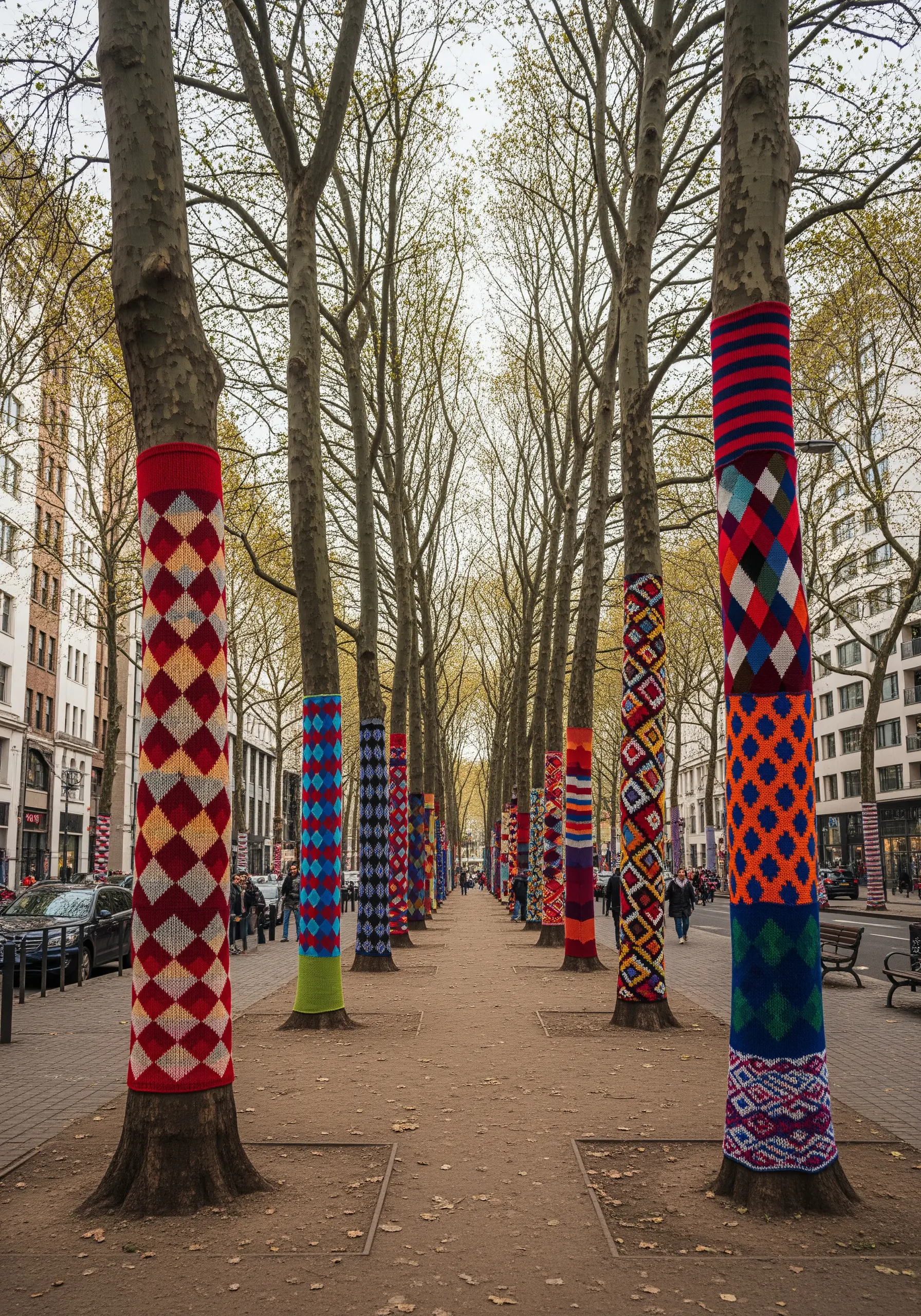 Several tree trunks along a city sidewalk, each covered in colorful, patterned knitted wraps.