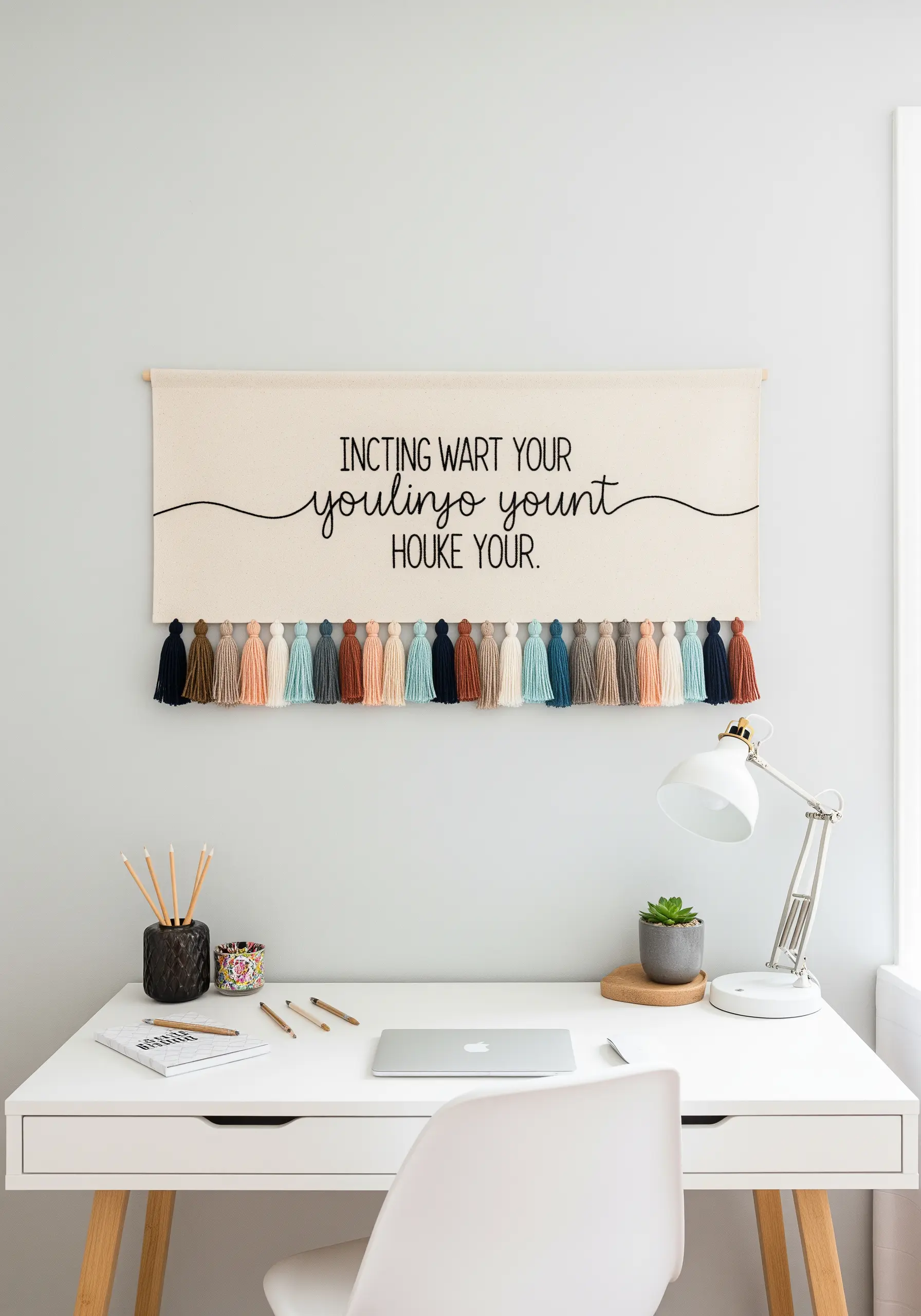 A canvas wall banner with a cursive quote and a dense, multi-colored tassel fringe.