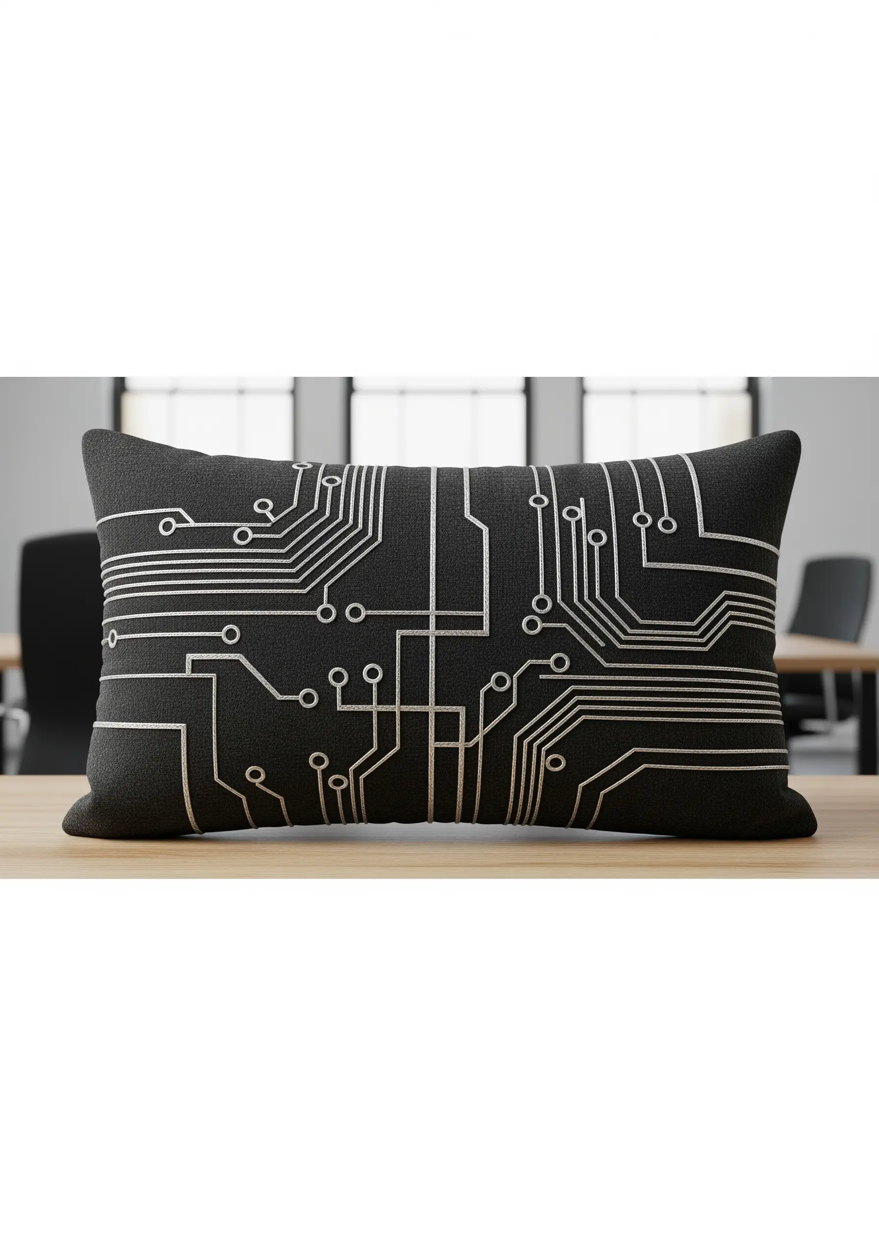 A silver thread circuit board pattern with precise lines and dots on a black lumbar pillow.