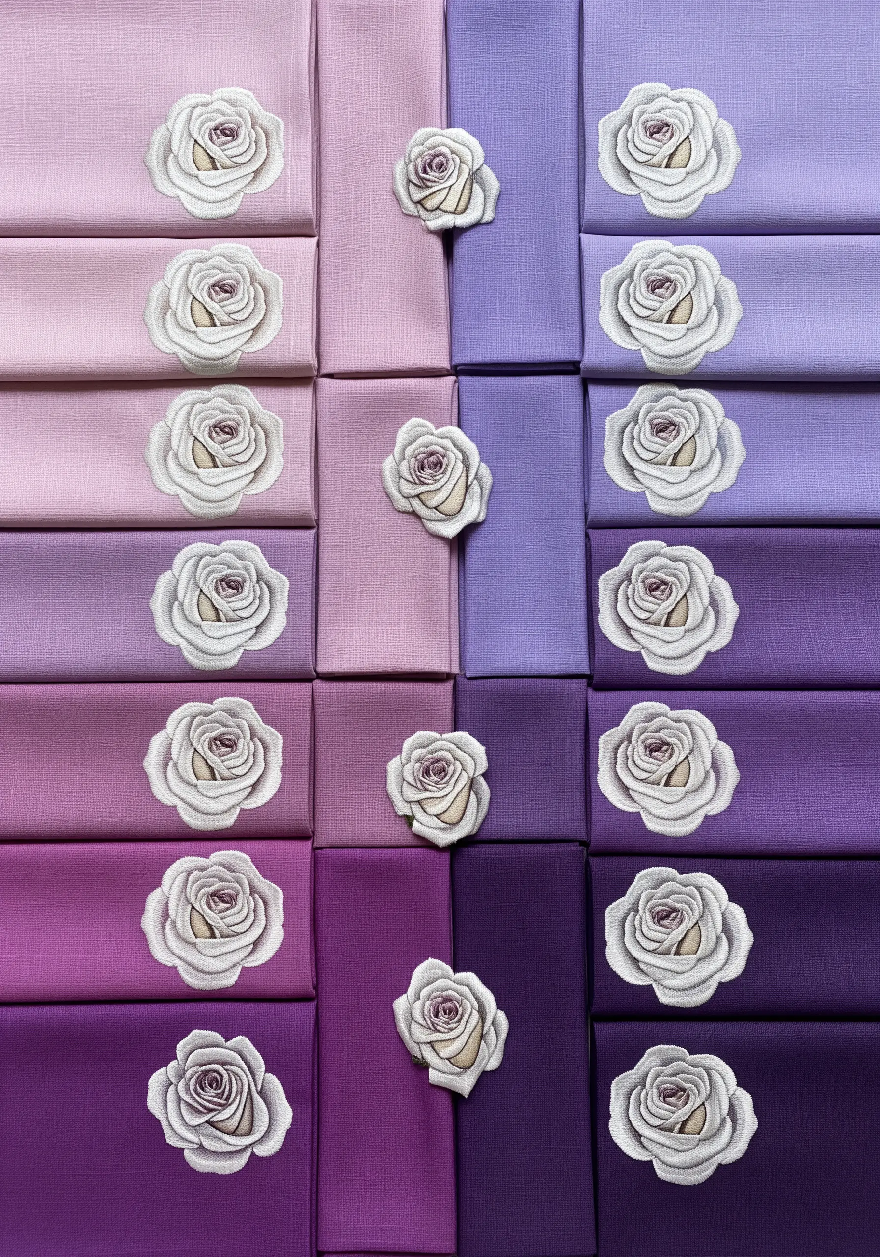 A single white rose motif embroidered on a collection of napkins in shades of pink and purple.