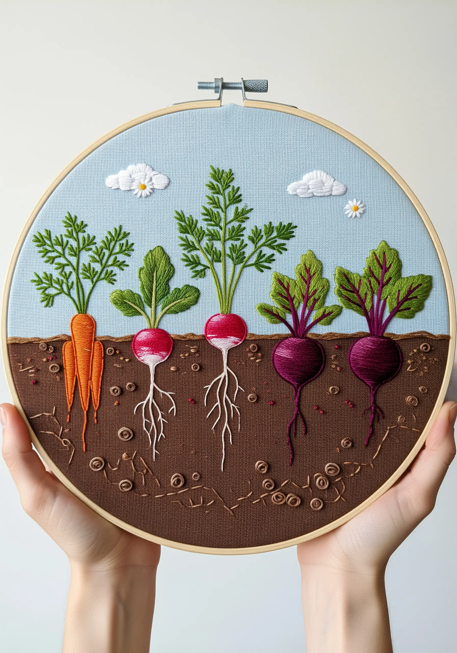 An embroidery of root vegetables showing both the leafy tops and the roots below textured soil.