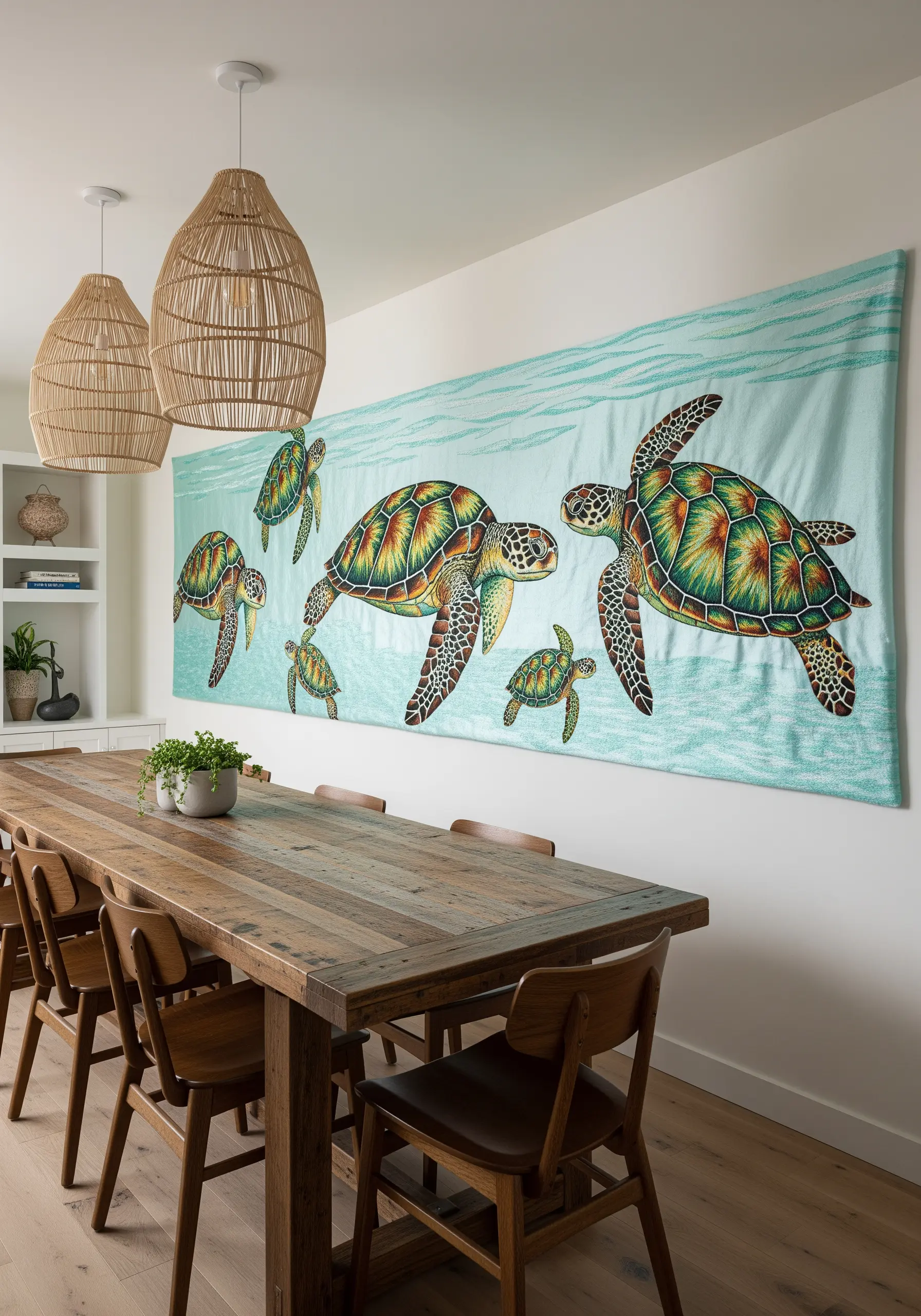 Large embroidered wall tapestry of a family of sea turtles swimming.