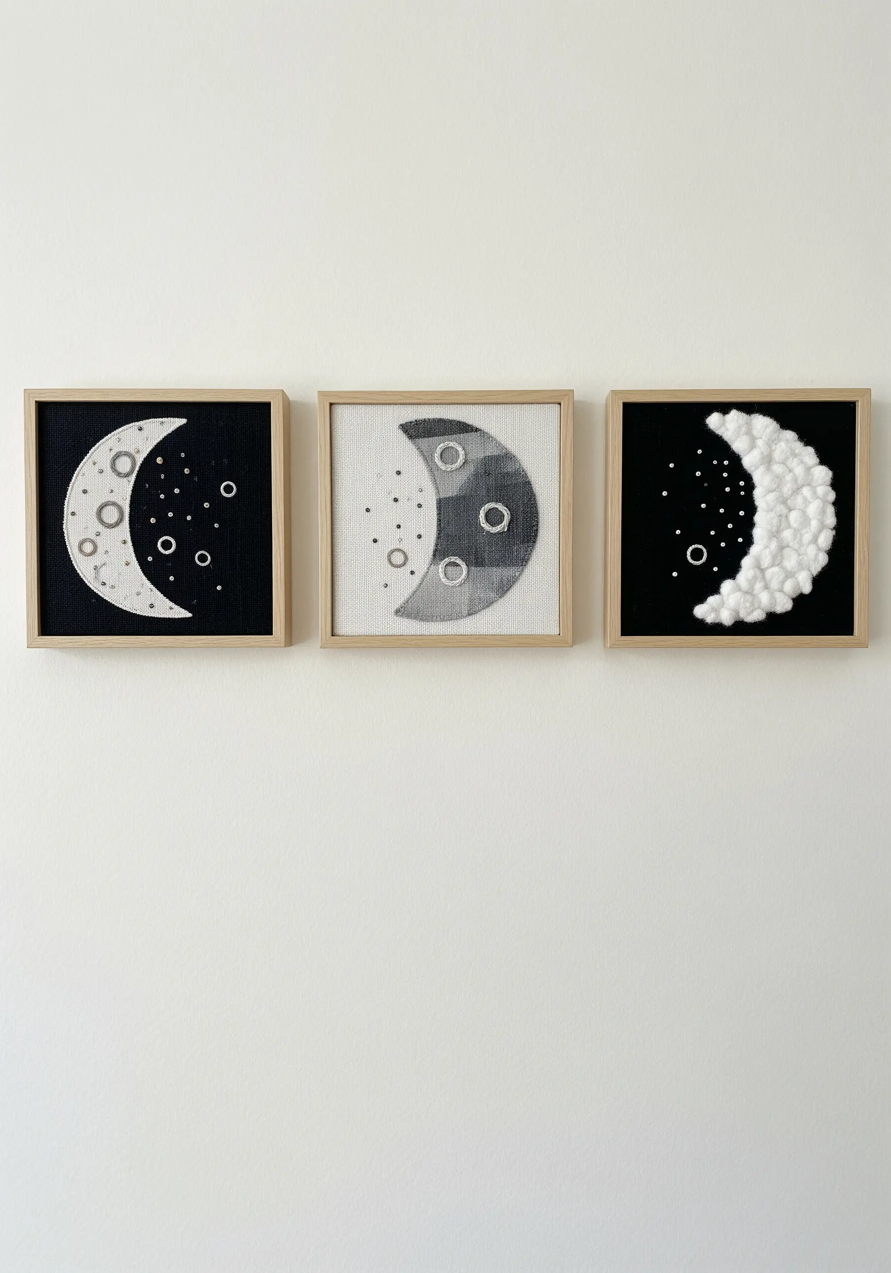 A triptych of framed fabric art showing different phases and textures of the moon.
