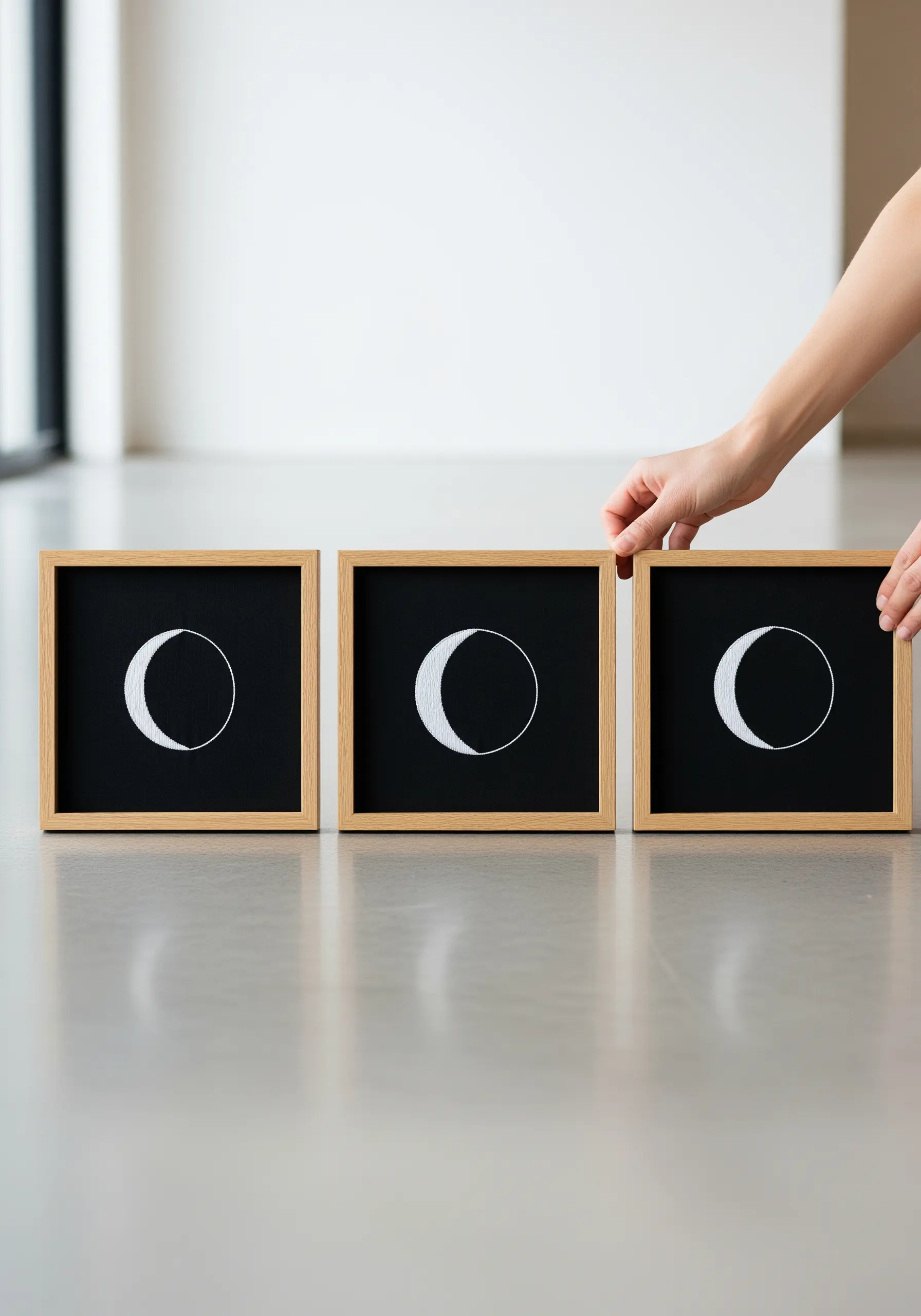 A triptych of three frames showing the waxing phases of the moon.