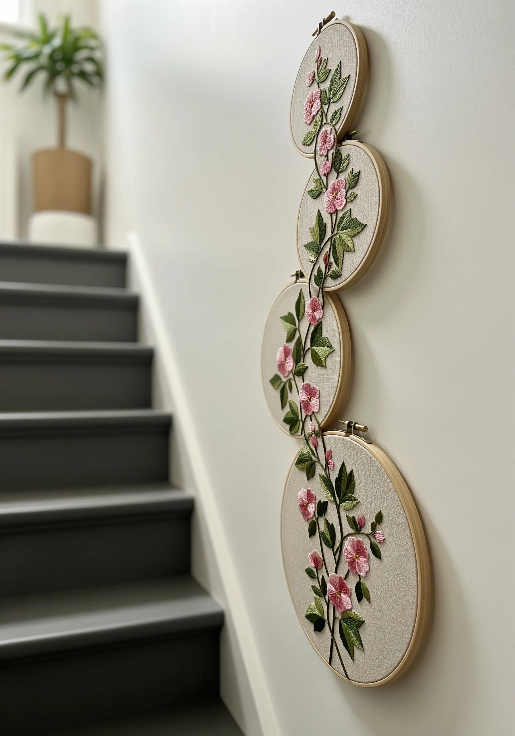 A vertical arrangement of four embroidery hoops showing a continuous flowering vine climbing upwards.