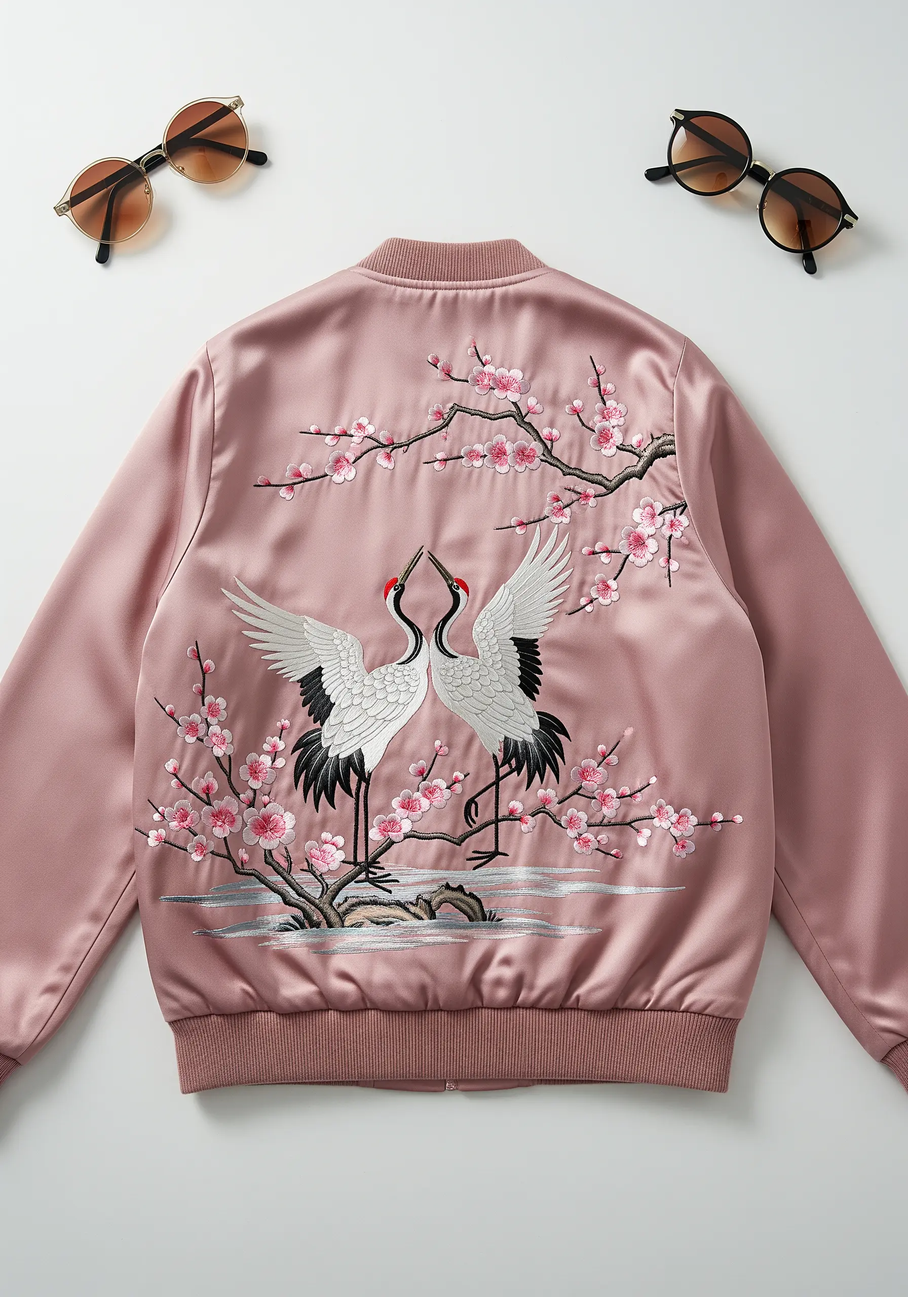 Two embroidered cranes and cherry blossom branches on the back of a pink satin bomber jacket.
